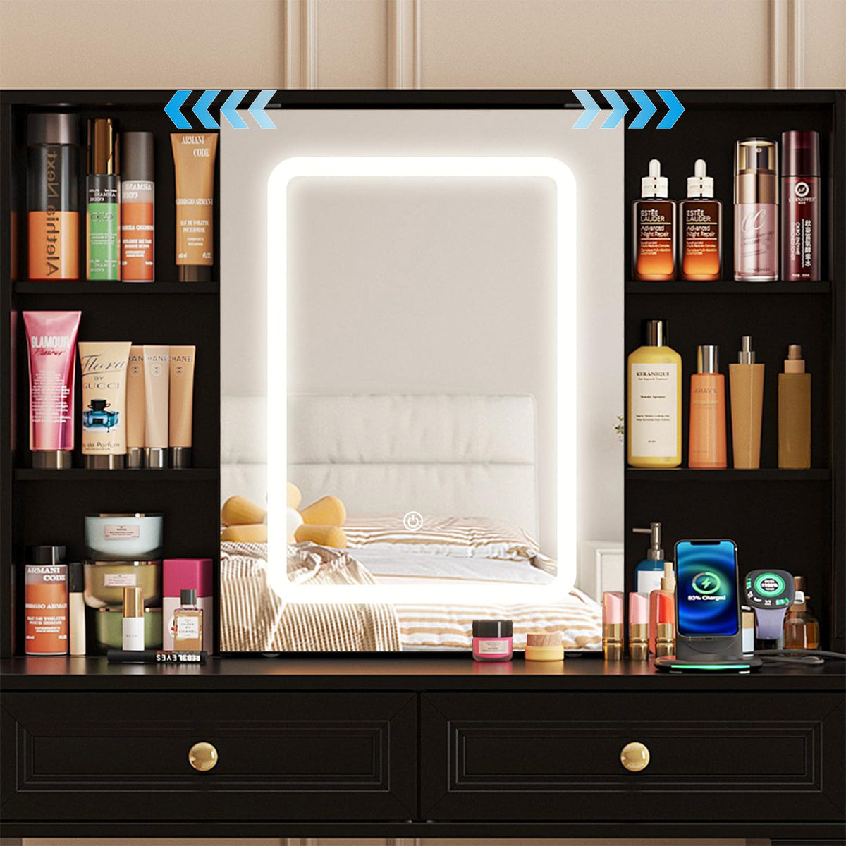 Black Vanity Desk with LED Sliding Mirror