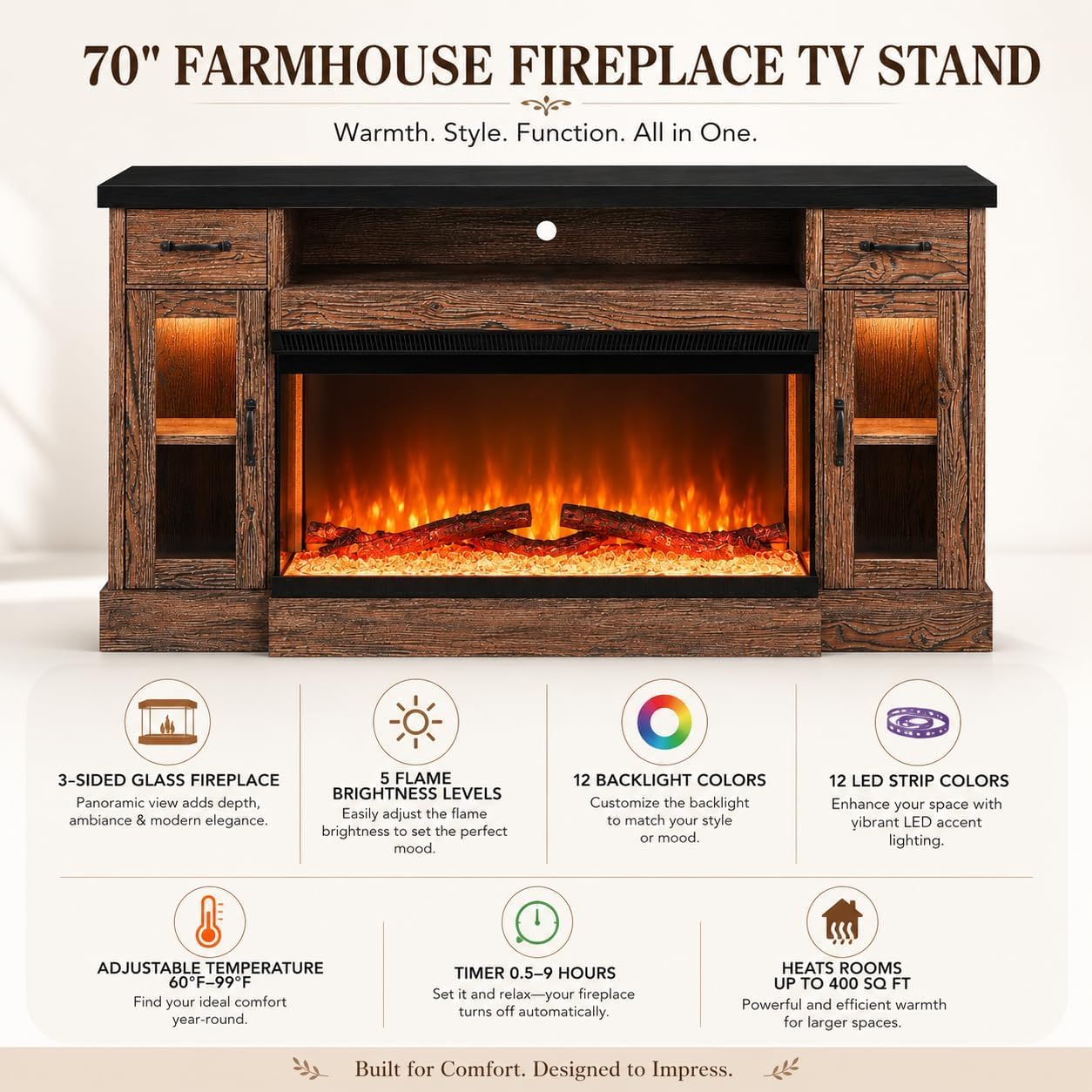 4 EVER WINNER 70" Fireplace TV Stand for TVs Up to 80", Farmhouse Entertainment Center with 3-Sided Glass Electric Fireplace, 2 Drawers, Storage Cabinets & Adjustable Shelves, Brown