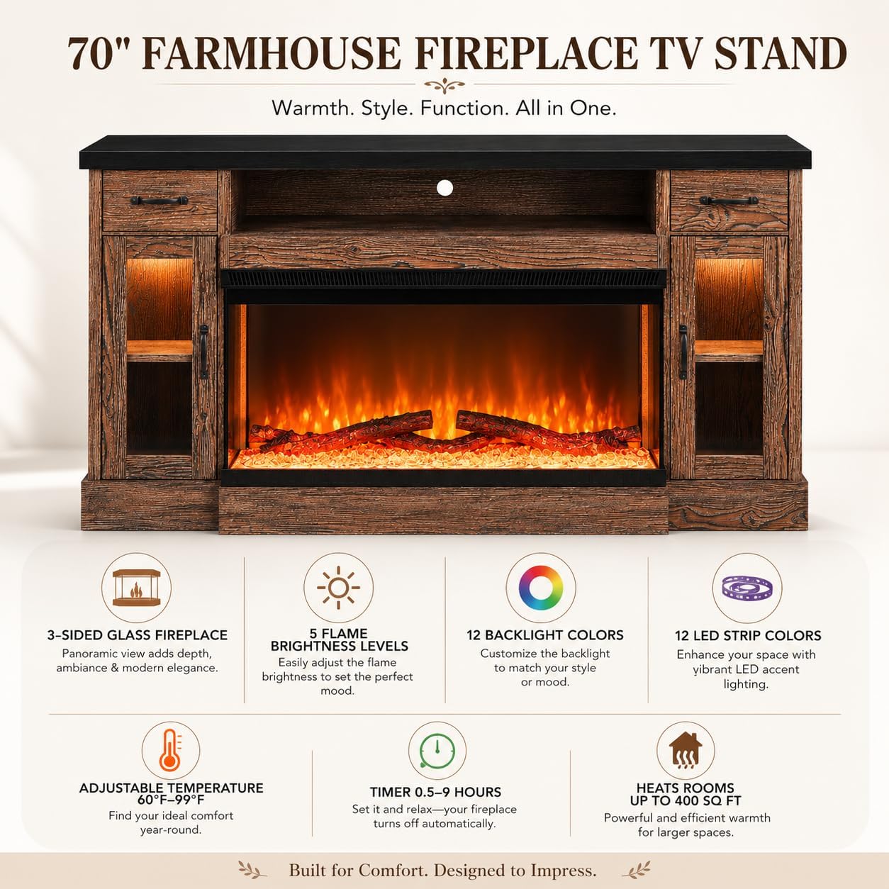 4 EVER WINNER 70" Fireplace TV Stand for TVs Up to 80", Farmhouse Entertainment Center with 3-Sided Glass Electric Fireplace, 2 Drawers, Storage Cabinets & Adjustable Shelves, Brown