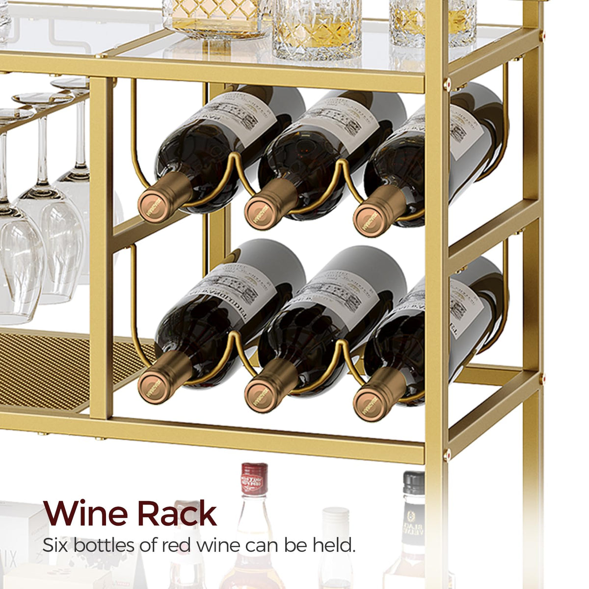 MAHANCRIS Bar Cart for Home, 3-Tier Serving Cart with Wheels and Handle, Beverage Cart with Wine Rack and Glass Holders, Rolling Wine Cart for Kitchen, Dining Room, Gold RCJ61B01