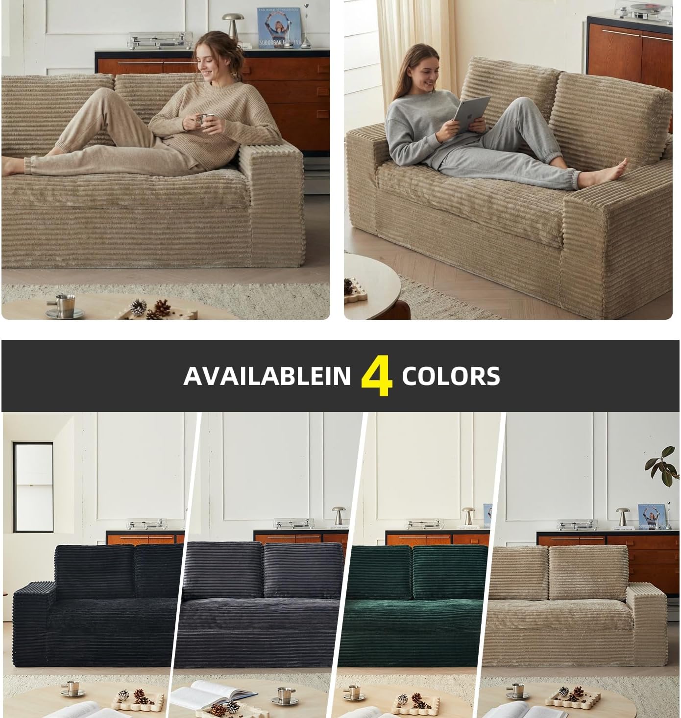 75" Fluffy Corduroy Boneless Couch Cloud Loveseat with Wide Armrest, Upholstered Floor Sofa in A Box, No Assembly Required, Sleeper Sofa for Small Compact Living Room,Office,Apartment (Grey)