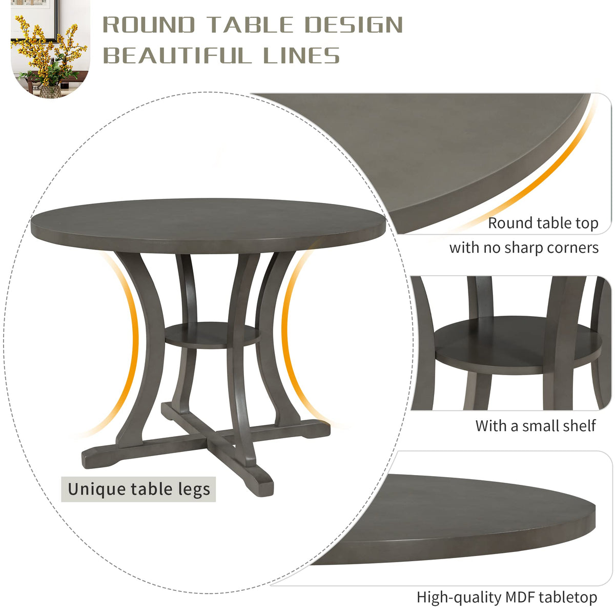 Merax 5 Piece Round Dining Table Set 4 Retro Chairs with Special-Shaped Table Legs, Exquisitely Designed Hollow Chair Back for Dining Room, Grey