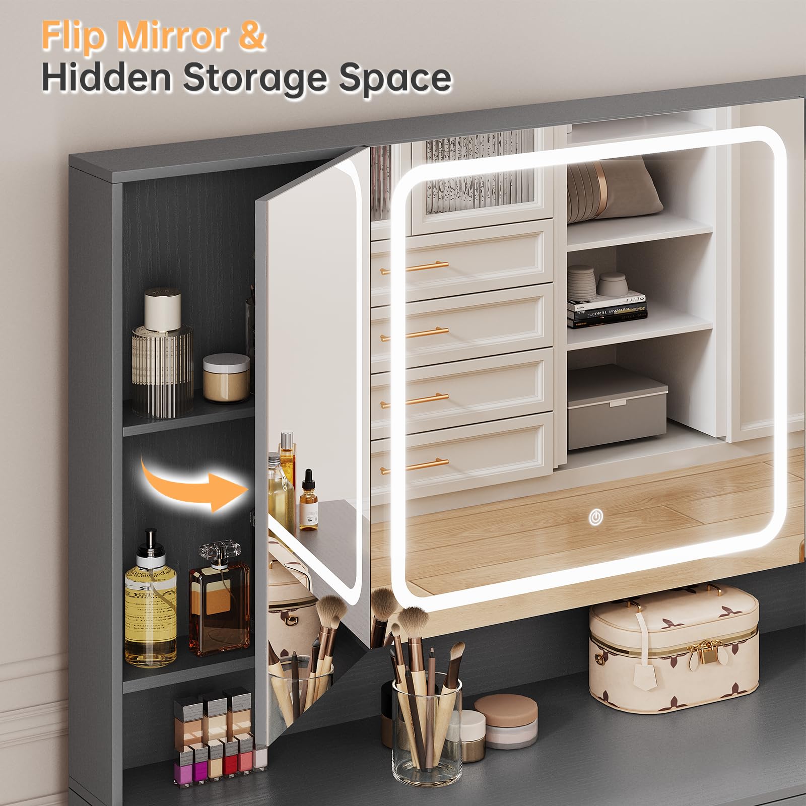 Makeup Vanity Set with Tri-Fold Mirror, Lights & Storage Stool