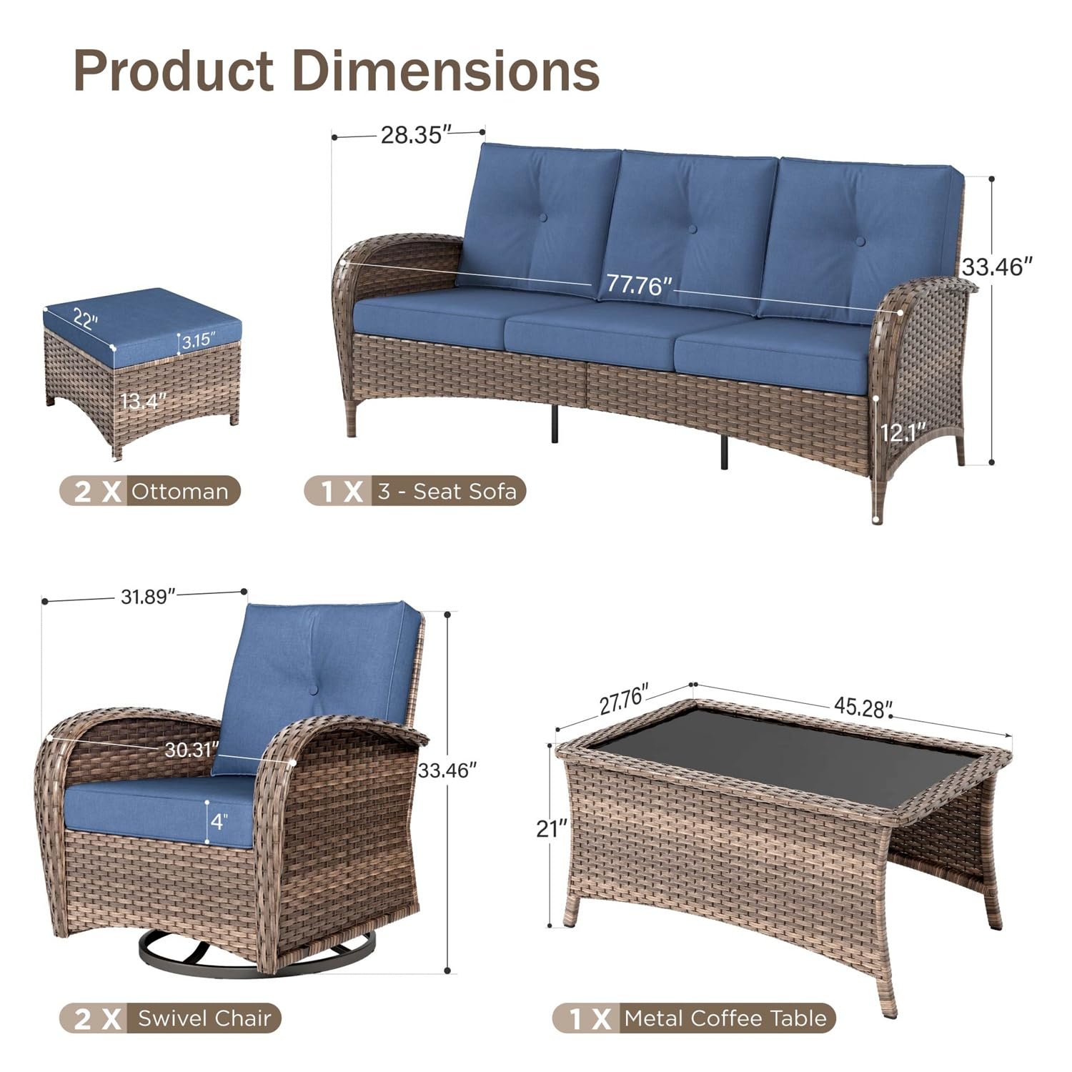 Wicker Patio Conversation Set with Swivel Chairs & Ottomans