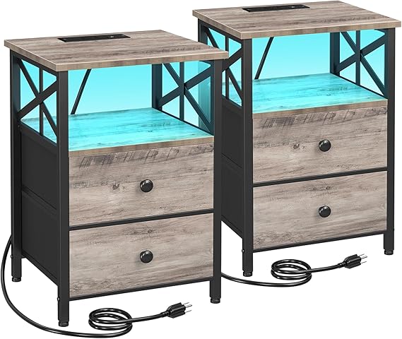 Nightstand Set of 2 with Charging Station & LED Lights