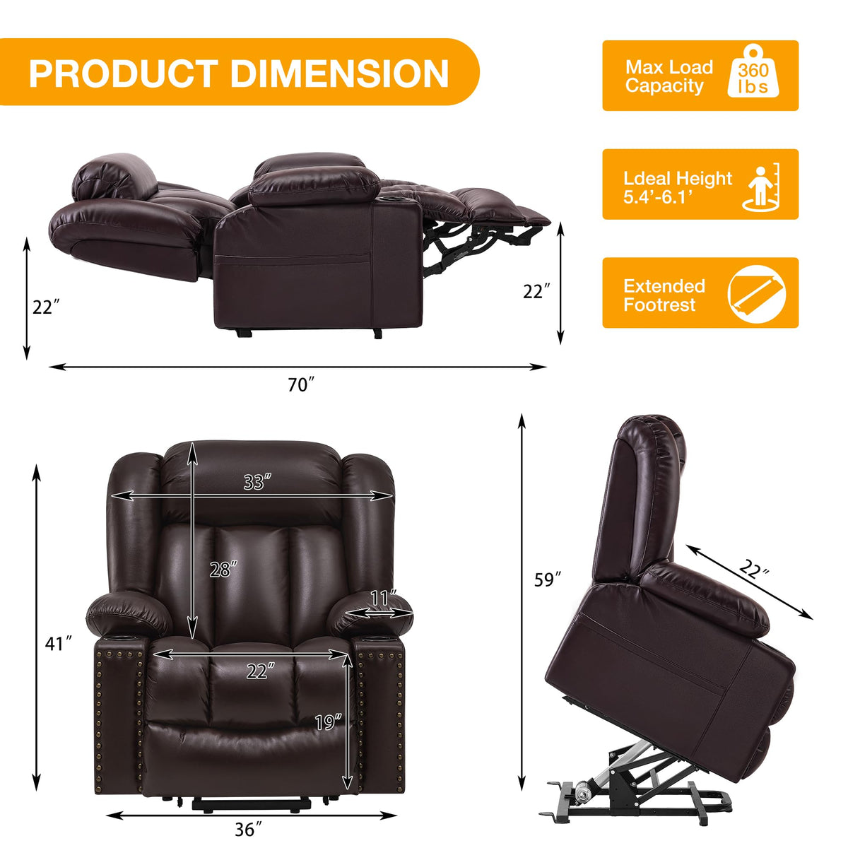 Cfvyne Triple Motor Large Power Lift Recliner Chair for Elderly with Heat and Massage, Lay Flat Lift Chairs for Seniors Infinite Position, Extended Footrest，USB&Type-C Ports, Cup Holder