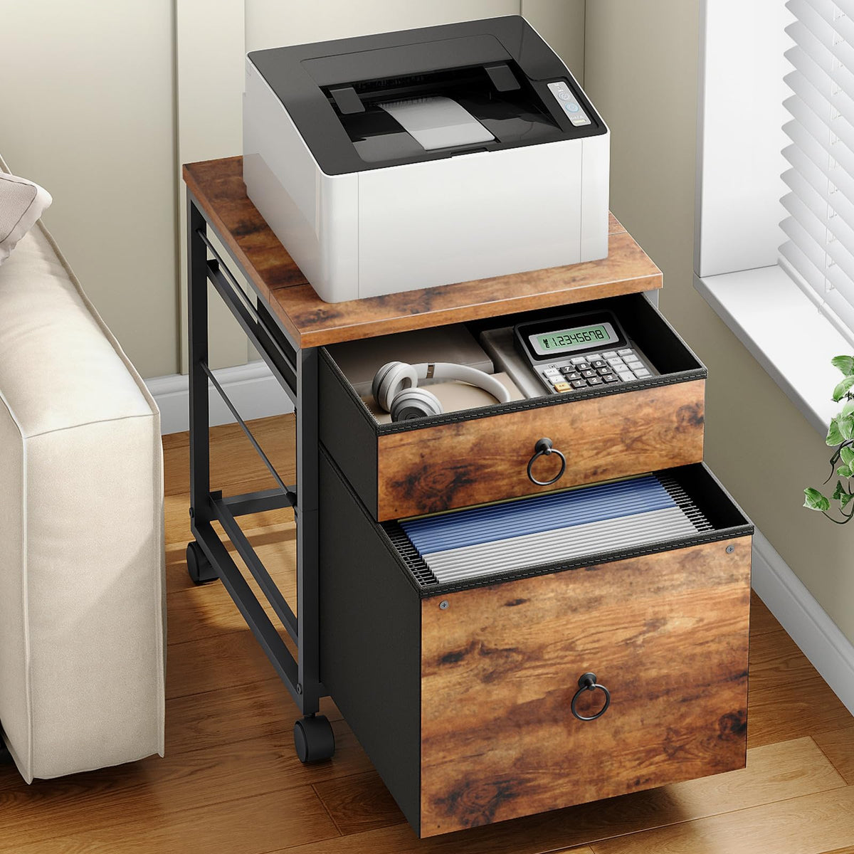 HOOBRO File Cabinet, 2-Drawer Vertical Mobile Office Cabinet, Rolling Printer Stand, for A4/Letter Size Files, Nonwovens Drawer, for Home Office, Rustic Brown BF21WJ01G1