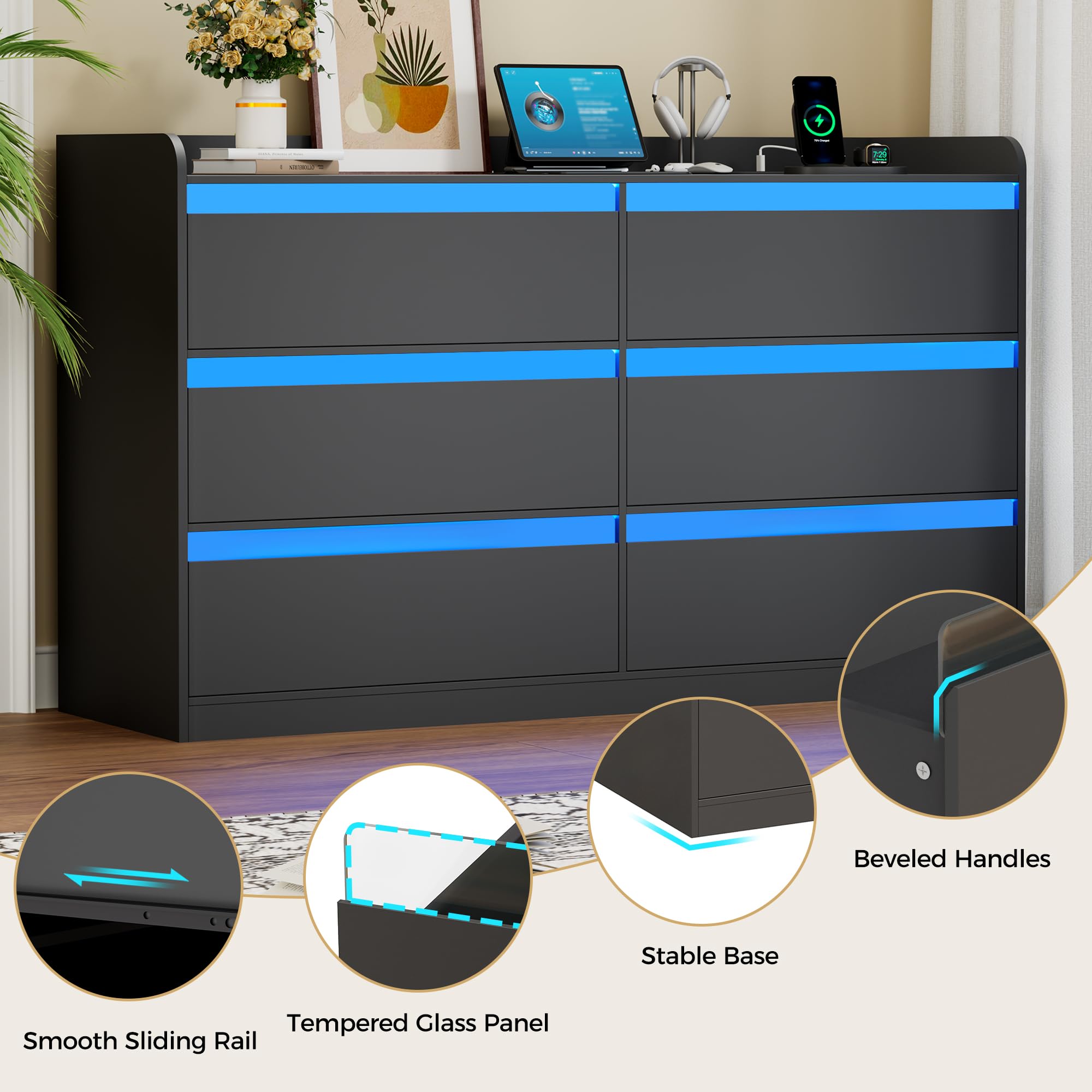 YUNSCEND Black Dresser with Power Outlet and LED Lights, Modern 6 Drawer Dresser for Bedroom, 47.2” Long Chest Of Drawer Deep Drawer Dressers TV Stand for Living Room Closet Hallway Entryway UXKCG006B