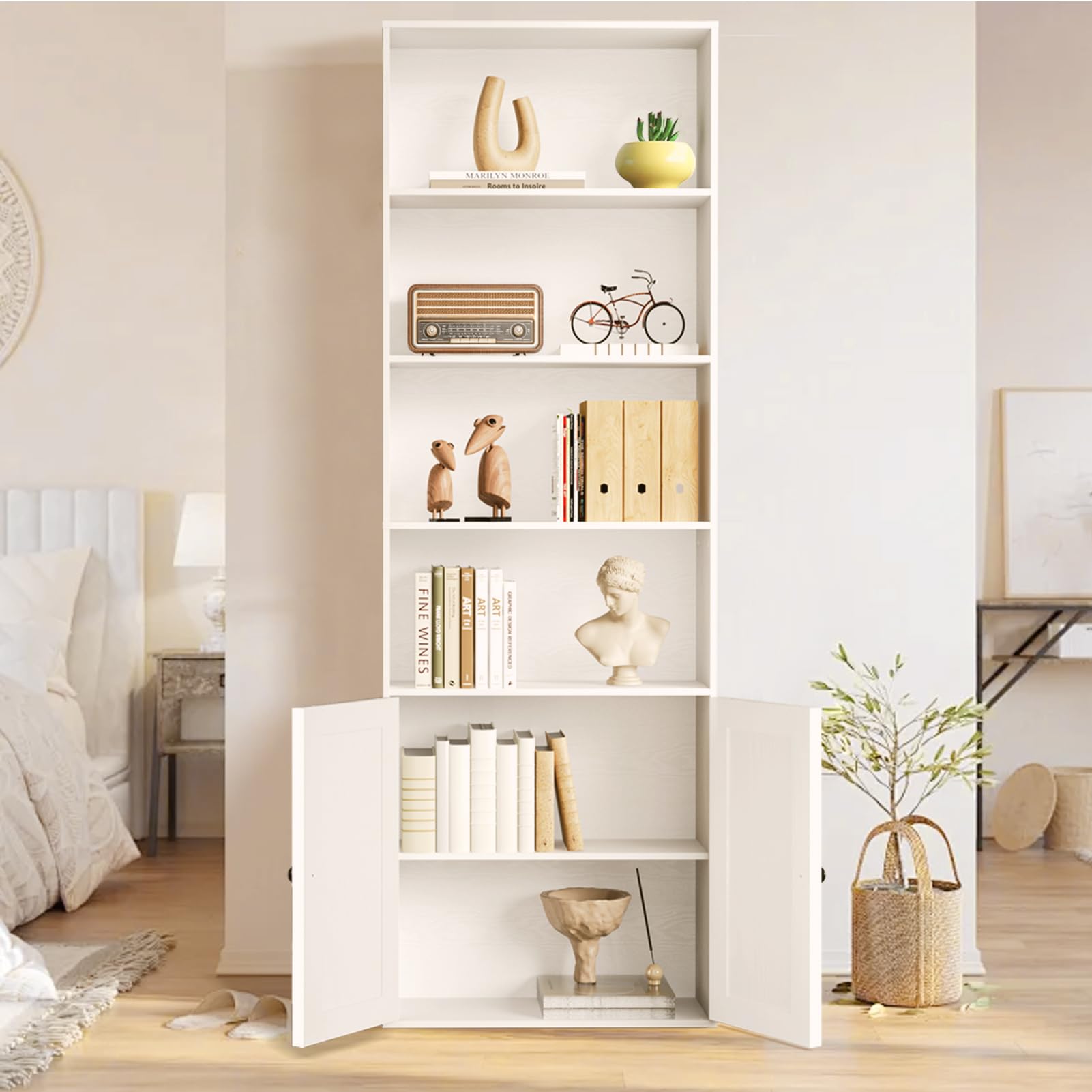 Shoueryaes Bookshelf, 6-Tier Floor Bookcase with 2 Bottom Doors, 9.29"x23.62"x70.86", Storage Cabinet Bookshelves for Home Office, Living Room, Bedroom-White