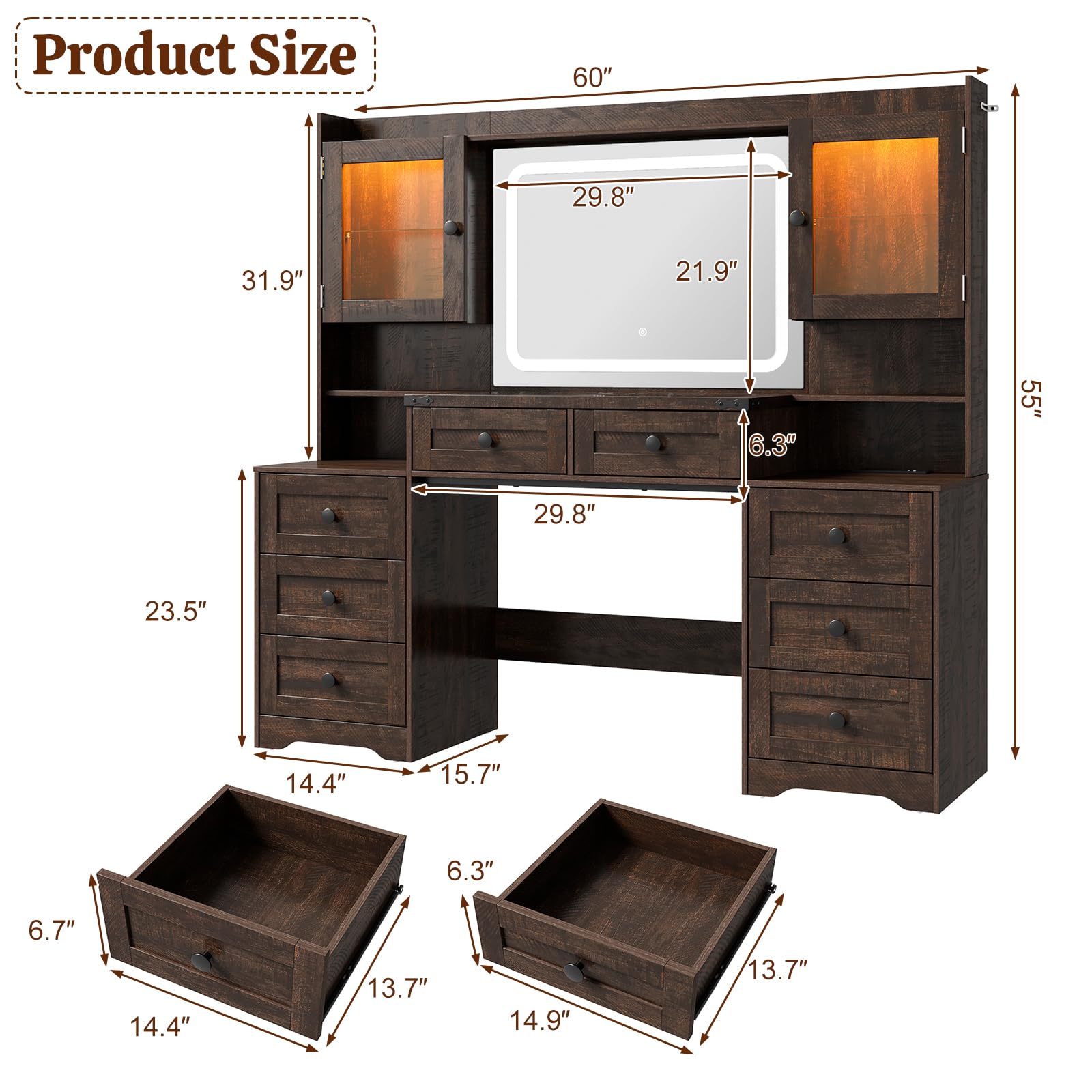 jiteentarou 60" Large Farmhouse Vanity Desk with LED Mirror, Lights and Charging Station, Glass Top Makeup Vanity Table w/8 Drawers, LED Glass Storage Cabinet, Dressing Table for Bedroom, Rustic Brown