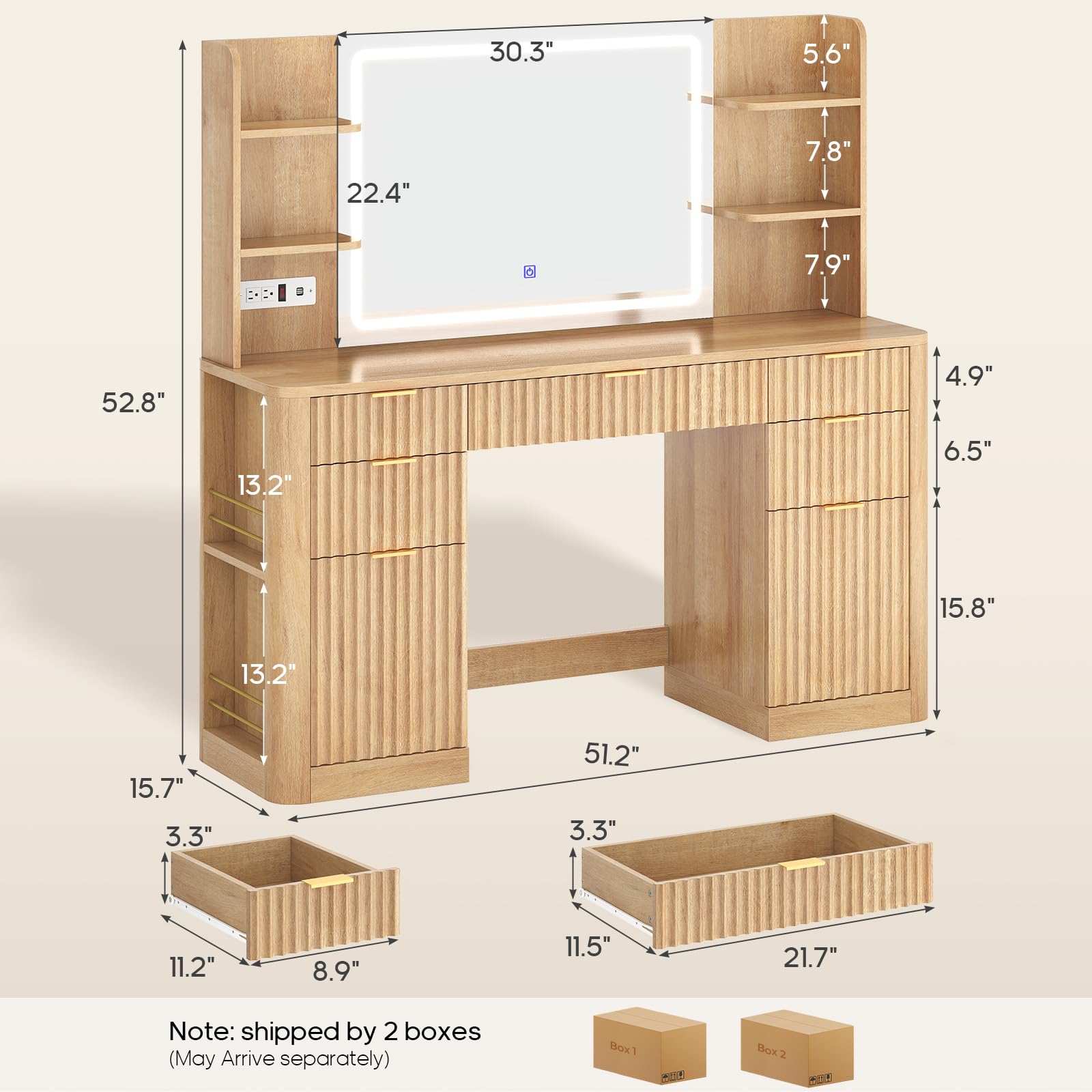 HAUOMS 51.2" Fluted Makeup Vanity Desk with Large 30.3" Mirror and Lights, 5 Drawer Vanity with Power Strip, 6 Open Shelves, 2 Cabinet，Modern Dressing Table with Solid Wood Legs for Bedroom, Oak