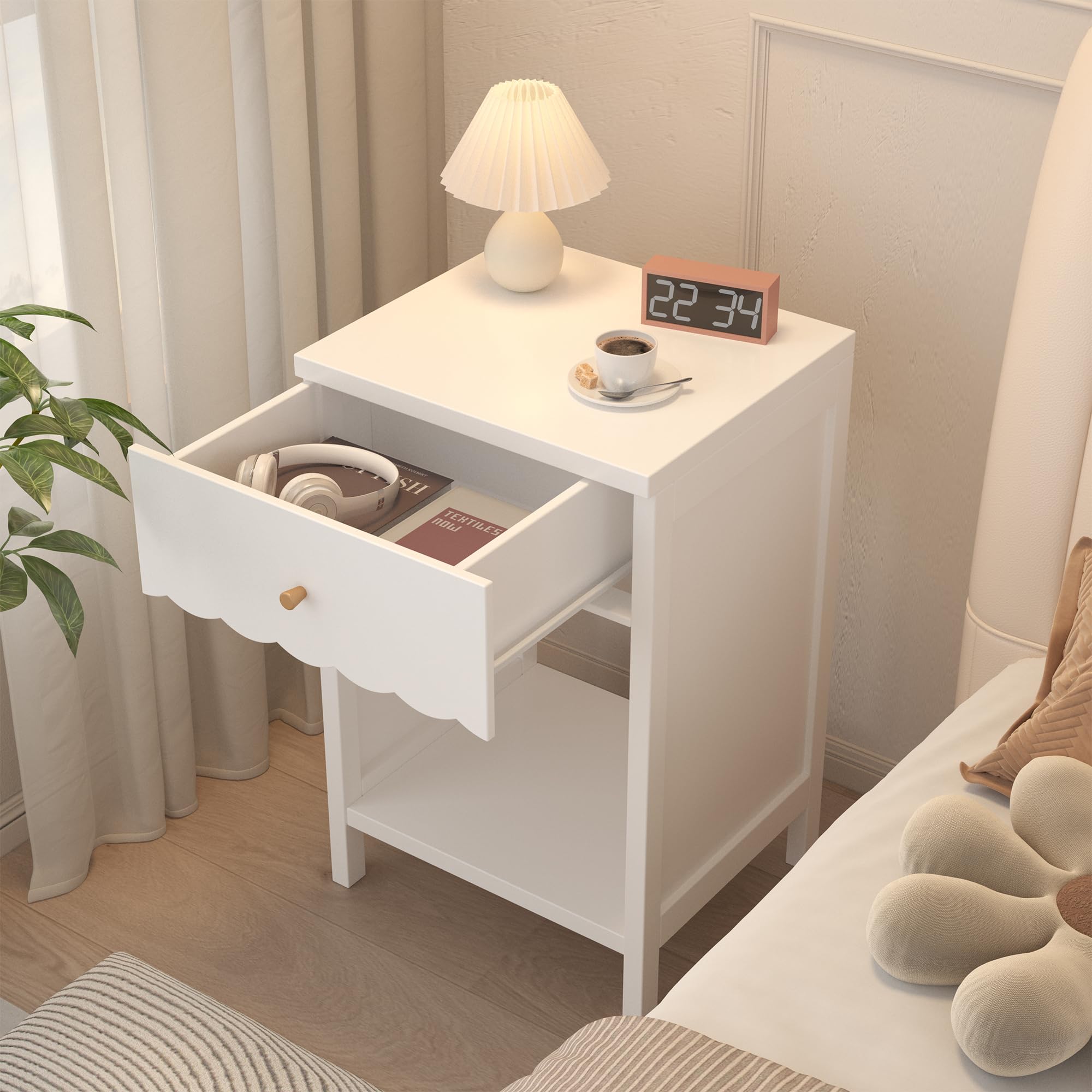 Xylavate Cute White Nightstand with Drawer and Open Shelf, Scalloped Edge Design Bedroom Bedside Table, Wood End Table for Kids Girls Bedroom, White
