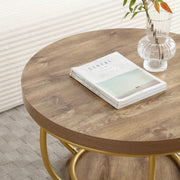 ivoros Round Coffee Table, 31" Circle Coffee Table for Living Room, 2-Tier Wood Coffee Table with Open Storage Shelf, Industrial Accent Center Table for Home Office Apartment (Gold Leg)