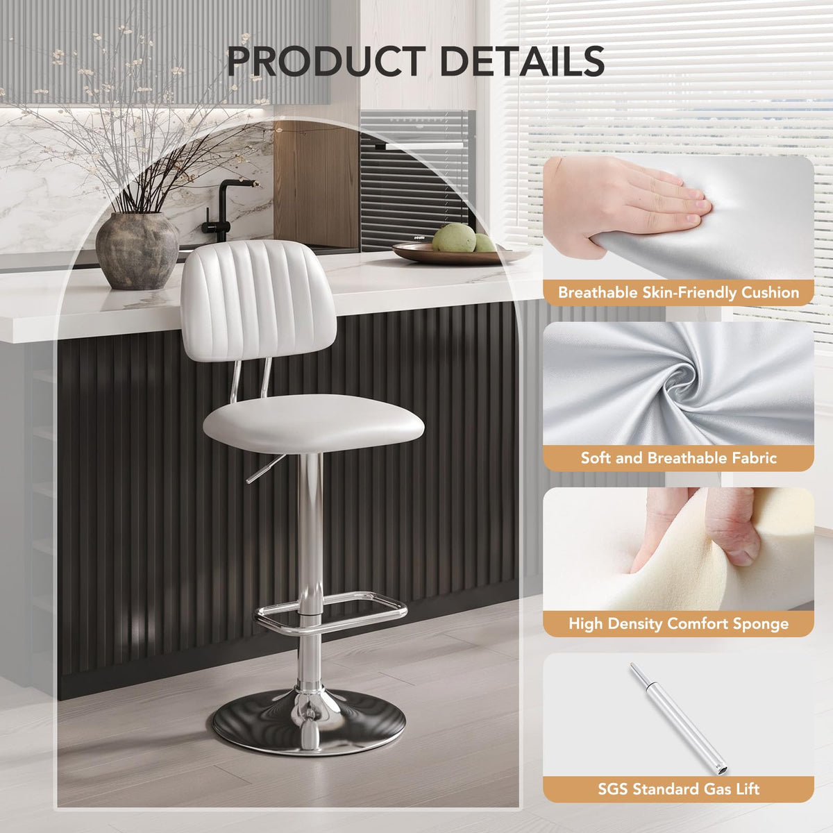 shipborne Bar Stools Set of 2, Swivel Barstools, Modern Bar Chairs, Silver