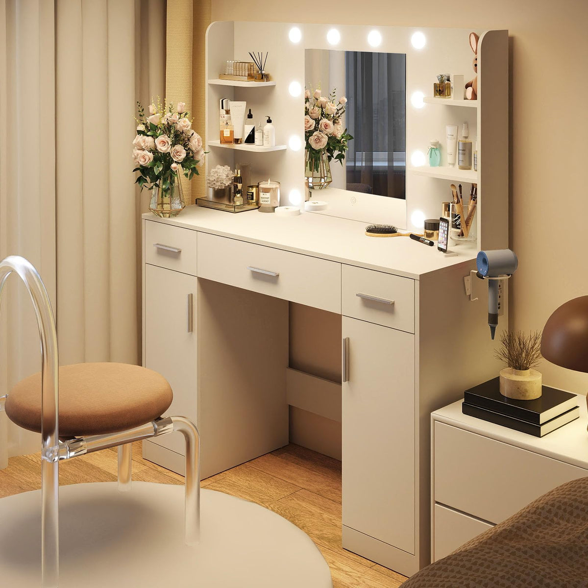 OLIXIS Vanity Desk with Mirror and LED Bulbs, Power Outlet Makeup Table with 3 Drawer & 2 Storage Cabinet, 3 Adjustable Lighting, Modern Ample Storage Dressing Table for Bedroom, White