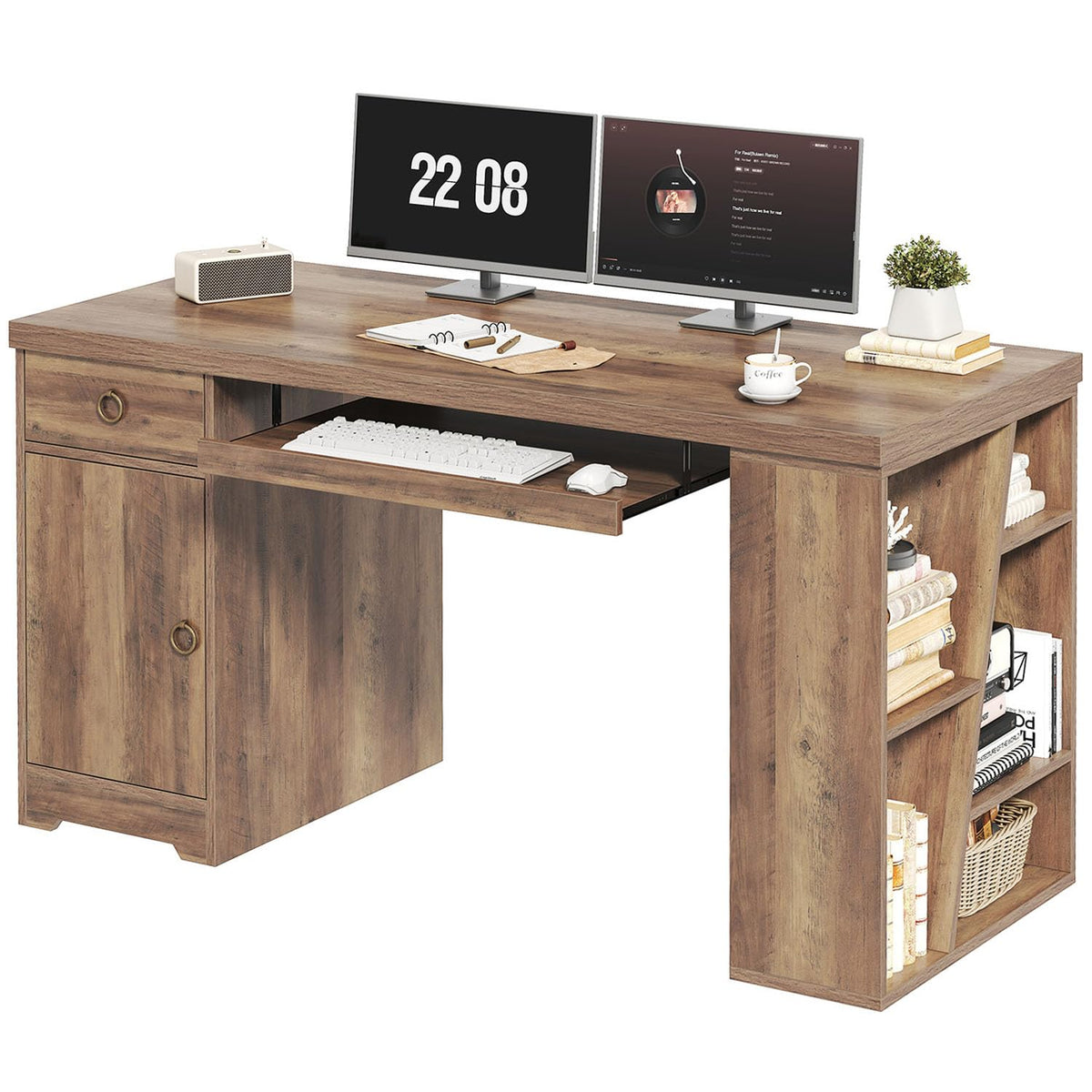 HSH Office Desk with Keyboard Tray, Computer Desk with Storage, 55 Inch