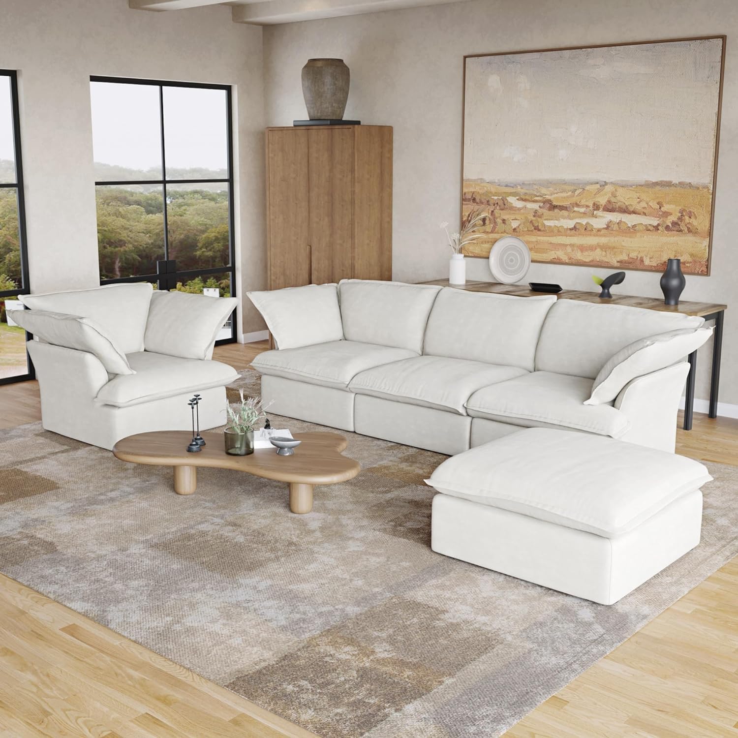 JACH Ottoman Module for Living Room, Cushion Covers Removable, Minimalist Comfy Breathable Ottoman Paired with Sofa Couch for Living Room Apartment, Beige