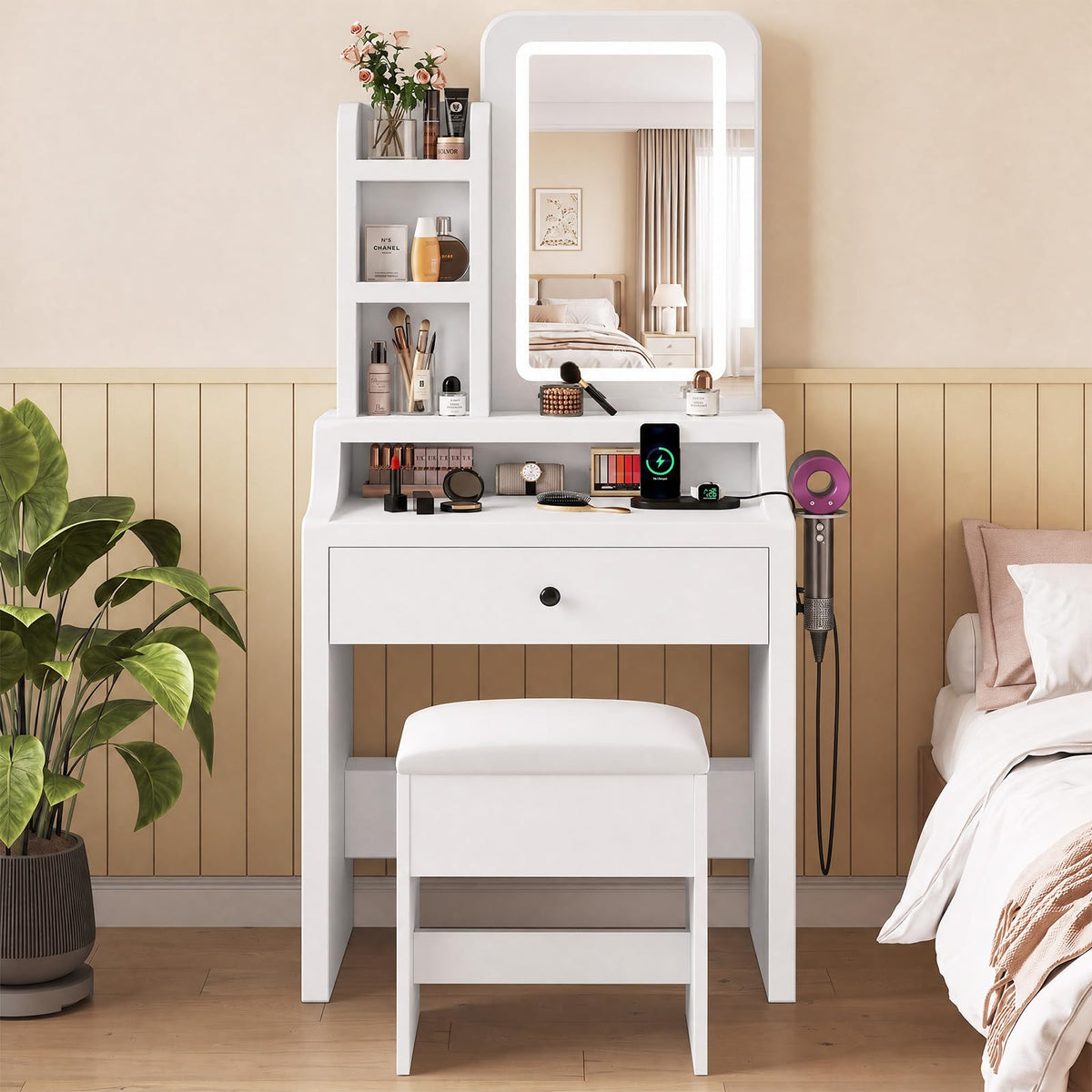 White LED Makeup Vanity with Storage Stool