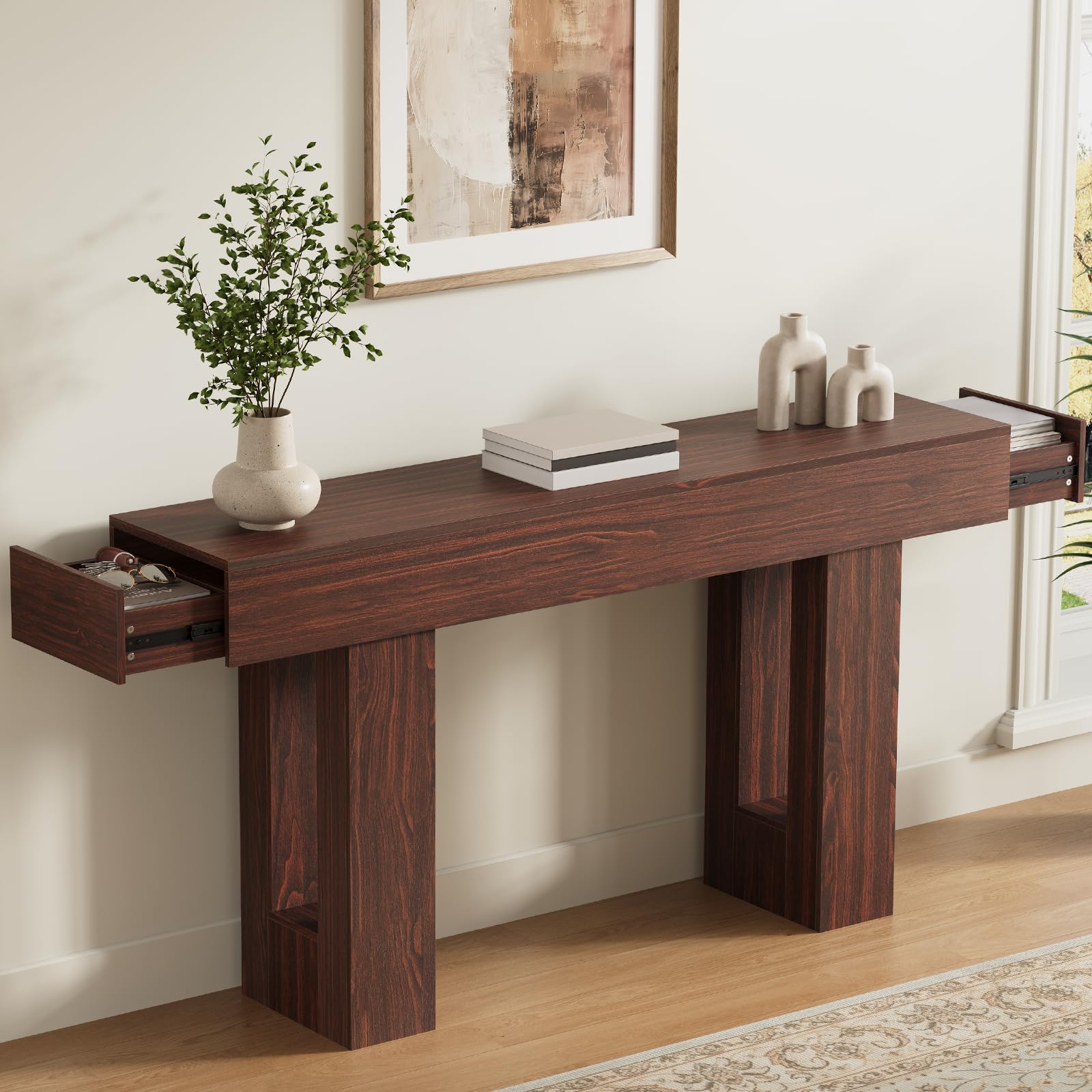 Airynee 63 Inches Long Console Table for Entryway with Drawers, Wooden Sofa Table Behind Couch, Industrial Entry Table for Living Room, Foyer, Hallway, Walnut