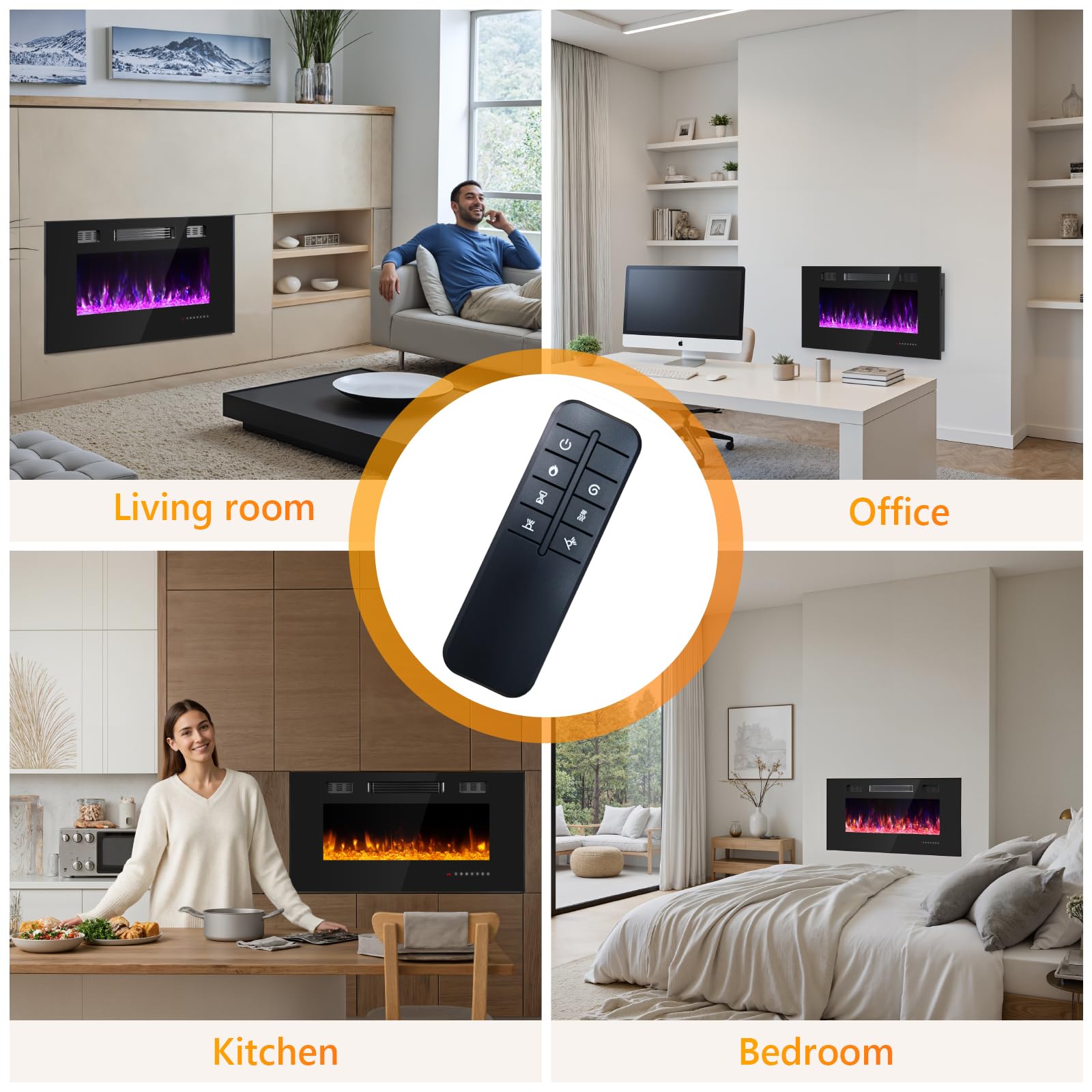 Ariiles 36 Inch Electric Fireplace Insert, Electric Fireplace Wall Mounted with Remote & Timer, Low Noise Heater Fireplaces for Living Room, Modern Recessed Fireplaces Decor
