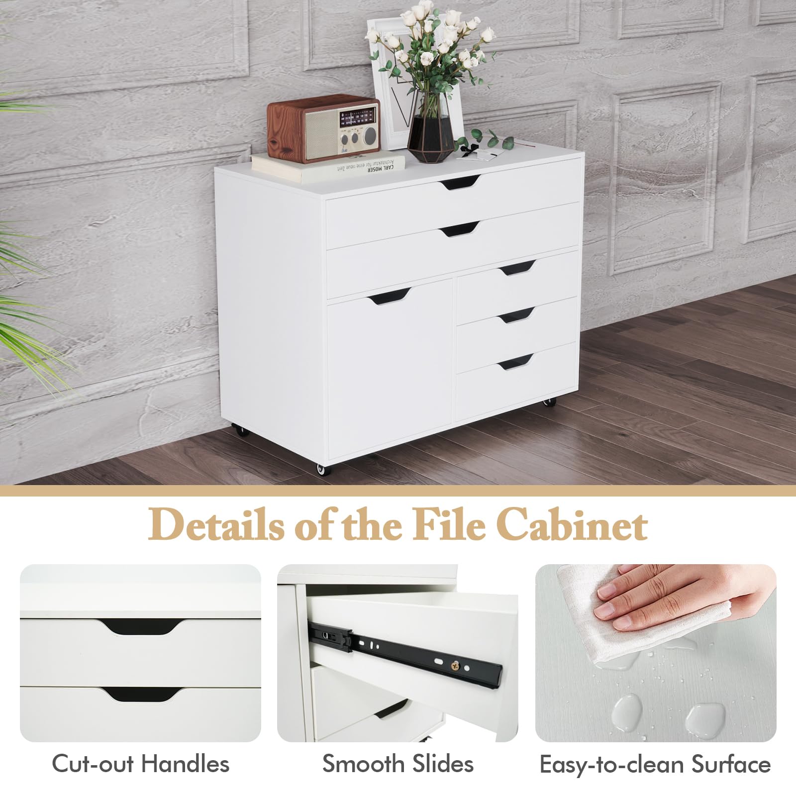 5-Drawer Mobile File Cabinet with Door & Wheels