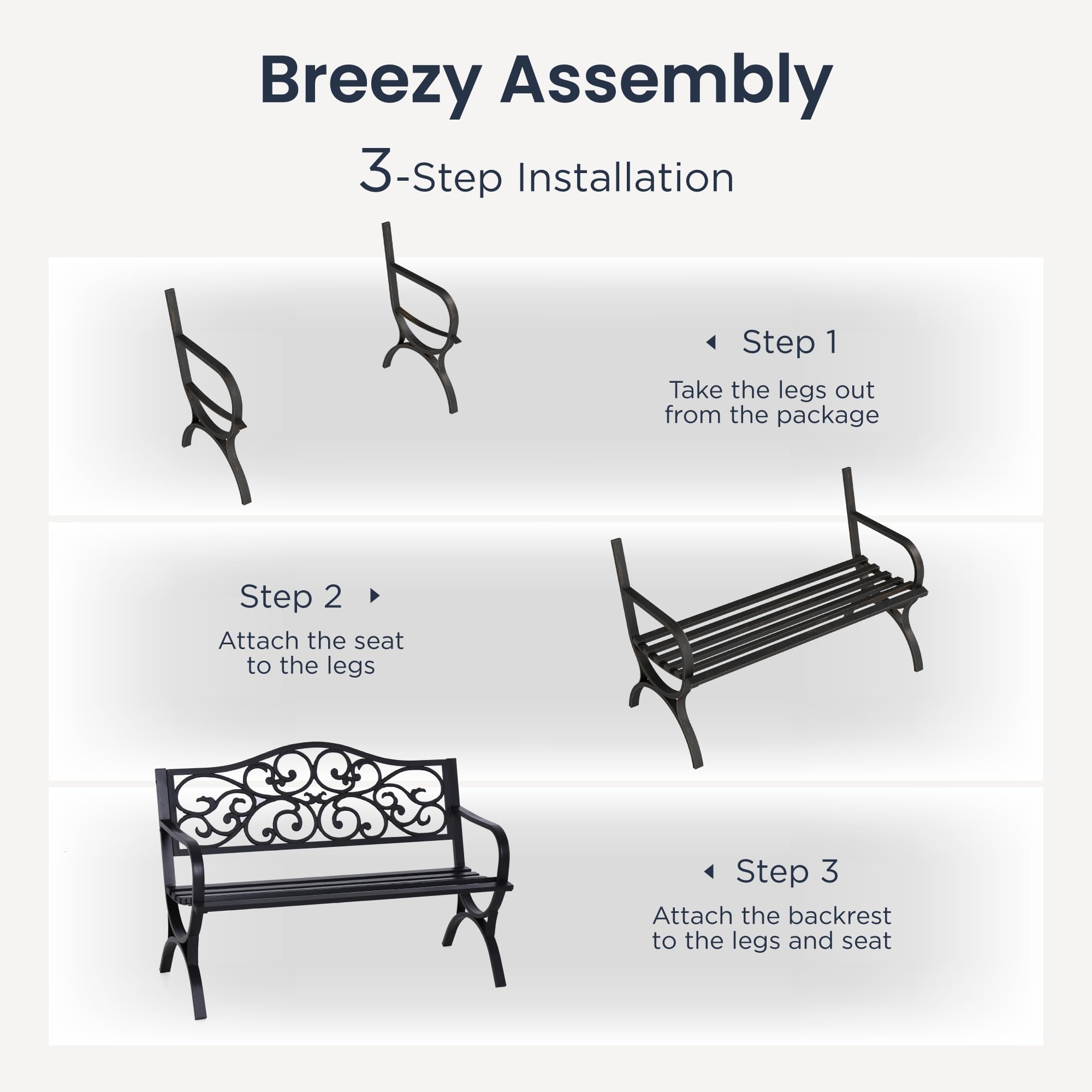 PHI VILLA 50-Inch Cast Iron Steel Frame Garden Bench Outdoor Patio Bench Chair w/Floral Design Backrest, Slatted Seat for Park, Yard & Porch, Black