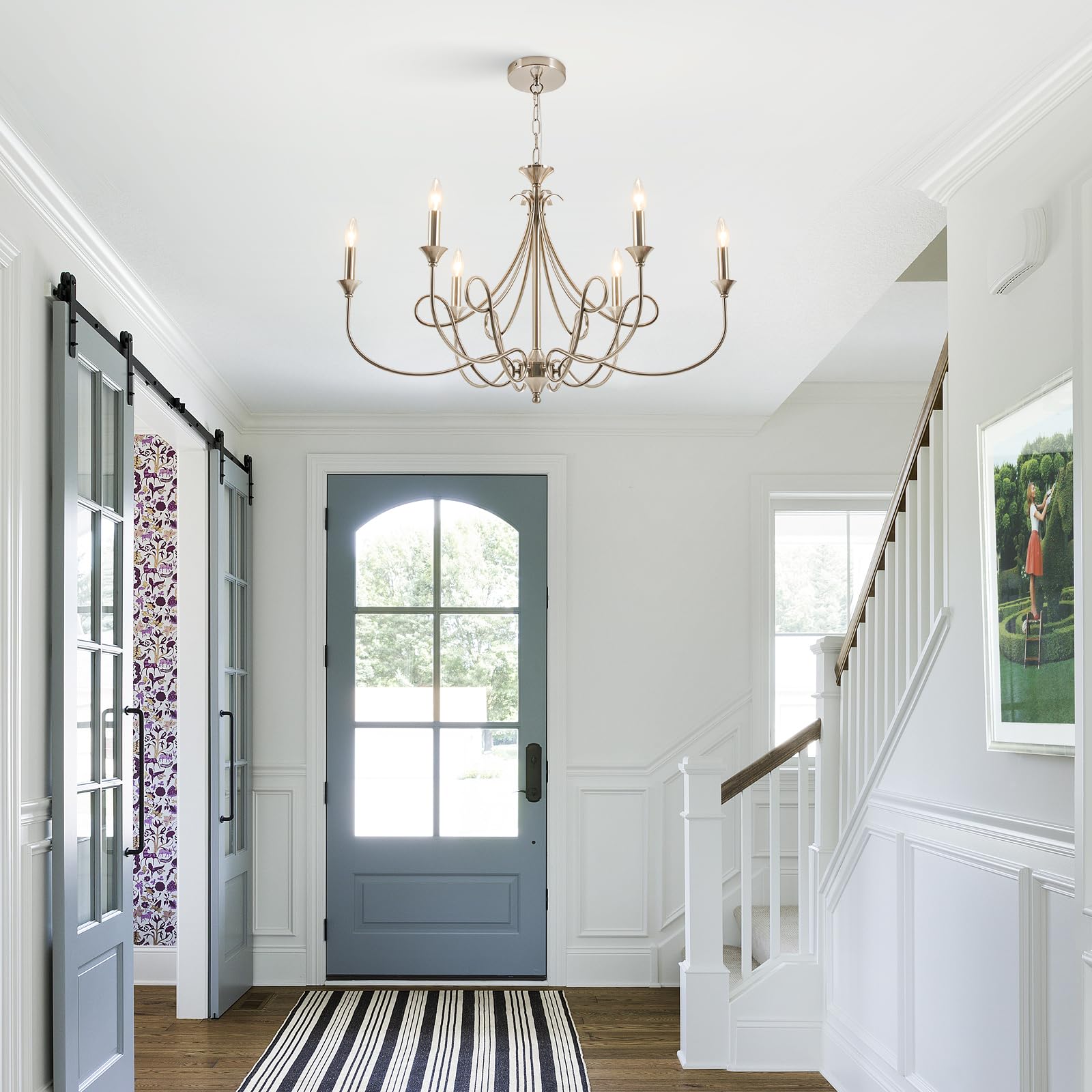 Afirstcght Modern Brushed Nickel Chandelier, 6-Lights Candle Dining Room Light Fixture 36.6in Farmhouse Chandeliers Metal Pendant Lights for Living Room Bedroom Entryway Kitchen Island
