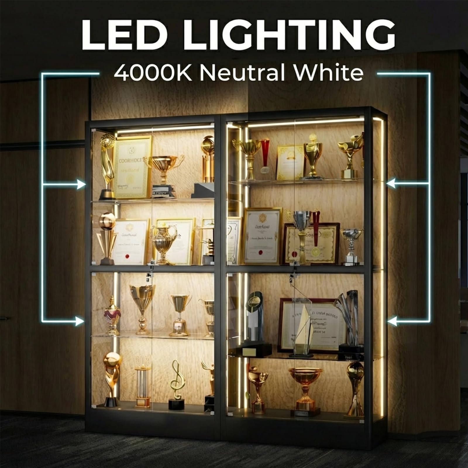 4-Tier Glass Display Cabinet with LED Lighting & Lock