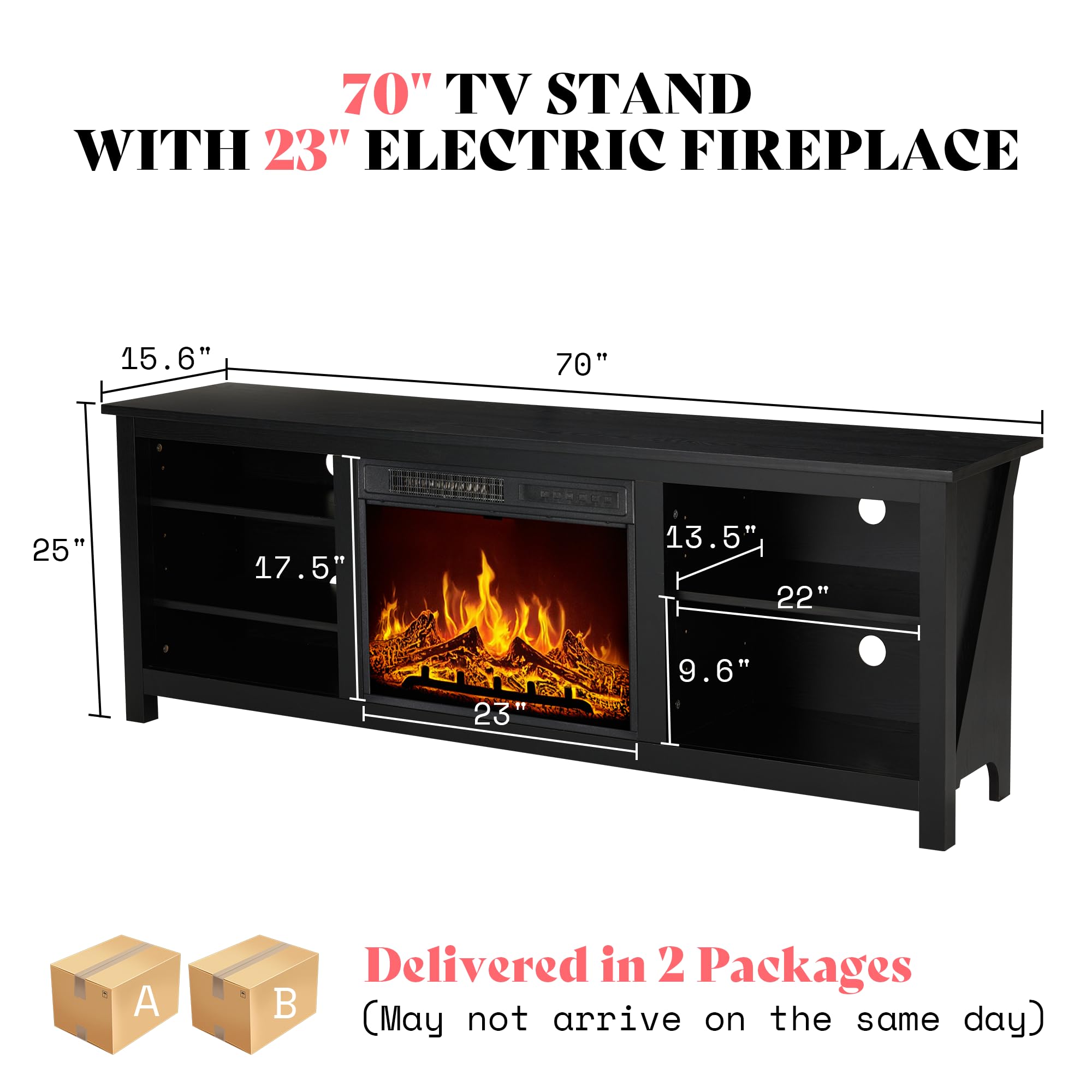 70" Fireplace TV Stand with 23" Electric Fireplace & 3 Shelves