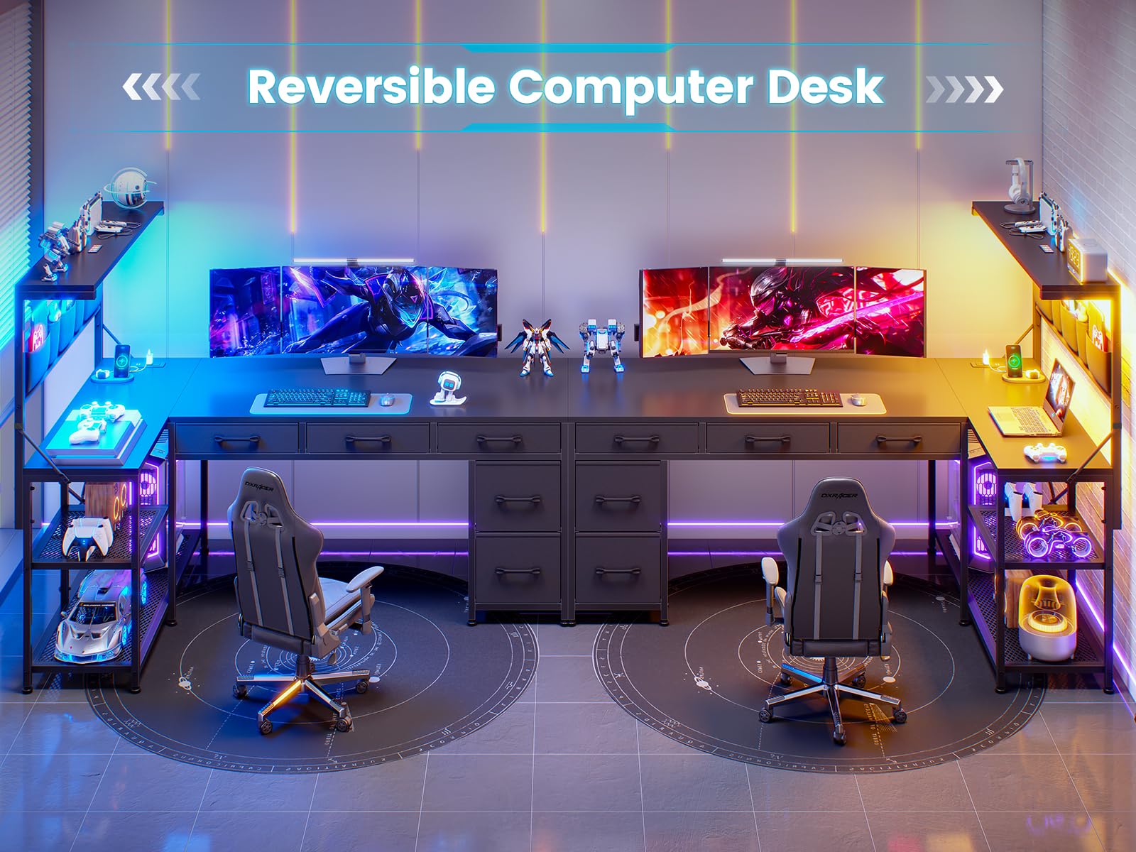 SEDETA L Shaped Gaming Desk, 47.2" Reversible Small Computer Desk with 5 Drawers and Storage Shelves, Corner Gaming Desk with LED Lights and Power Outlet, Black