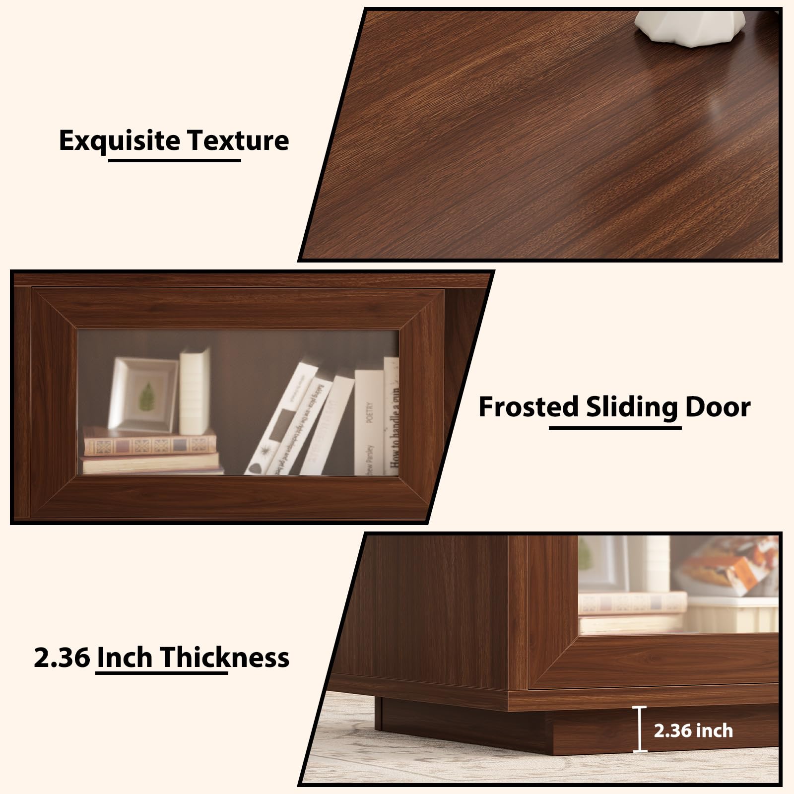 HSH Walnut Coffee Table for Living Room, 47 Inch Modern Wood Rectangle Coffee Tables with Sliding Door and Storage Open Shelf, Large Low Center Table for Home Decor