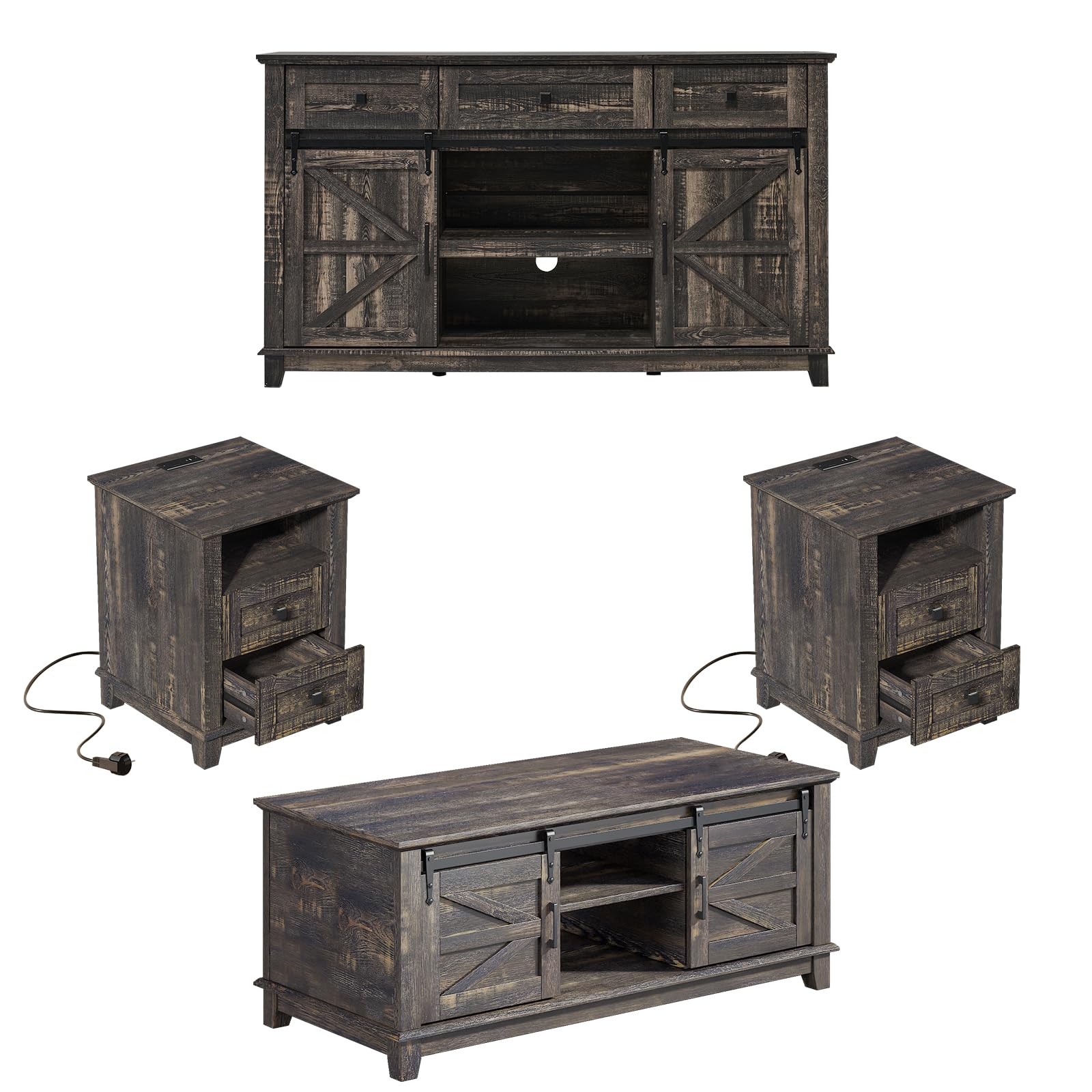LUXOAK 4 Pieces Farmhouse Living Room Table Sets - Includes 59" Sliding Barn Door TV Stand for 65 in TV, Rustic Coffee Table with Storage, End Tables Set of 2 with Charging Station, Dark Rustic Oak