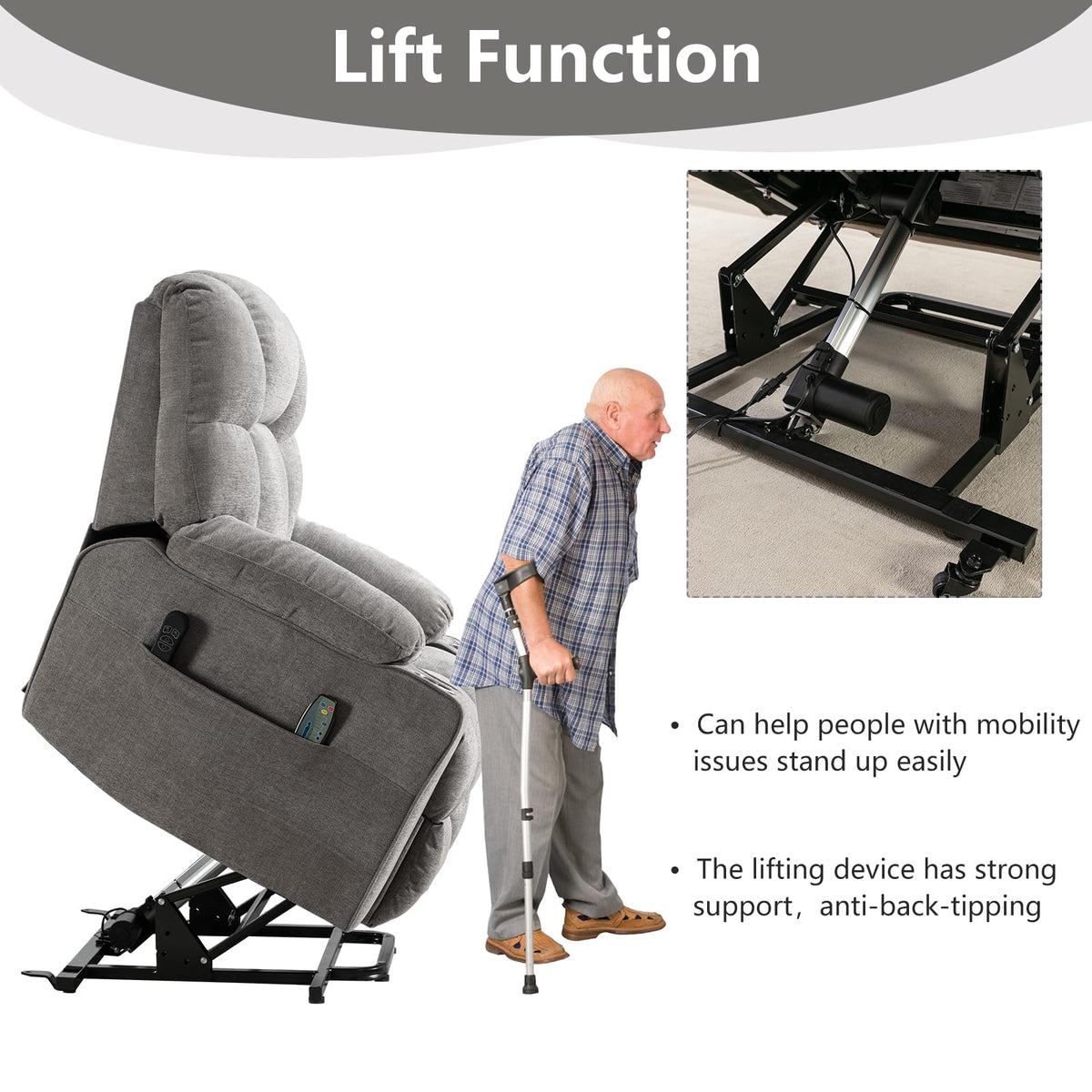 CANMOV Power Lift Recliner Chair for Elderly, Big and Tall Electric Recliner Chair with Massage and Heating, Dual Motor Heavy Duty Lift Recliner with USB Port, Cup Holders, Pockets, Grey