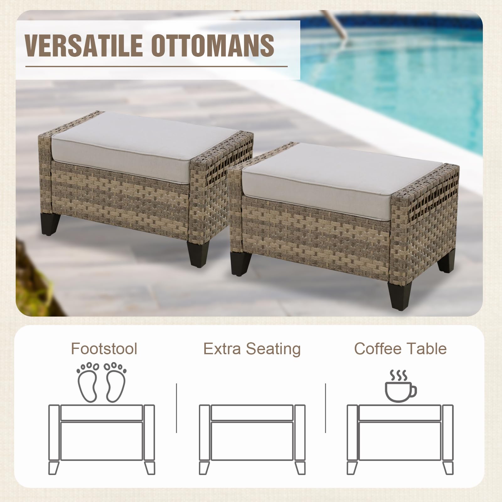 Outdoor Wicker Patio Ottomans Set of 2