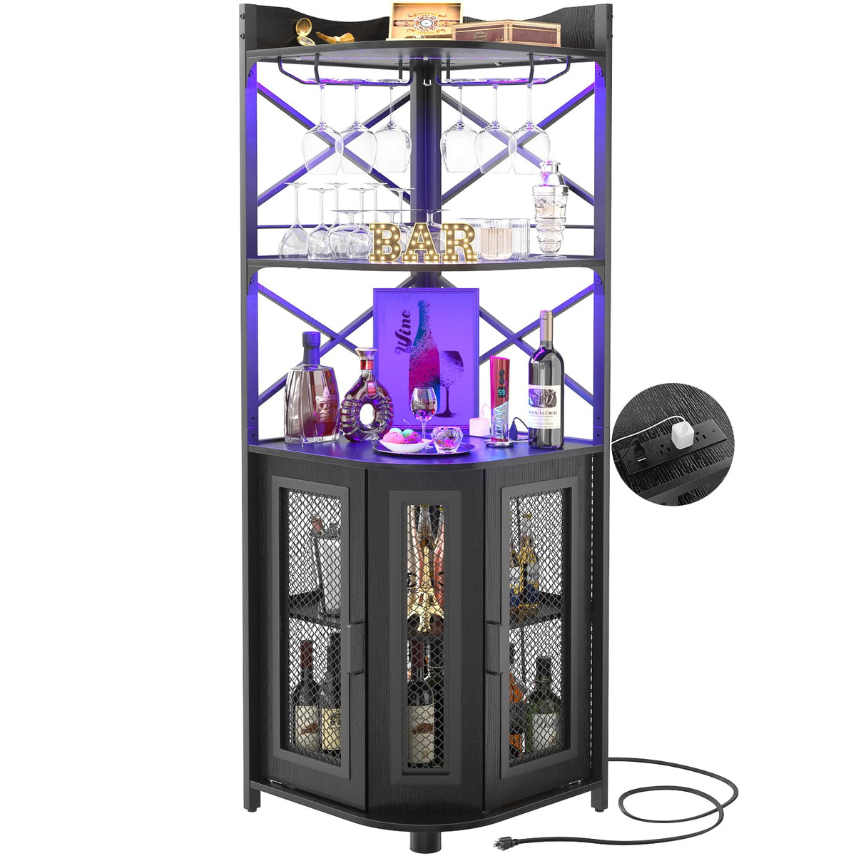 Aheaplus Corner Bar Cabinet with Power Outlet, Industrial Liquor Cabinet