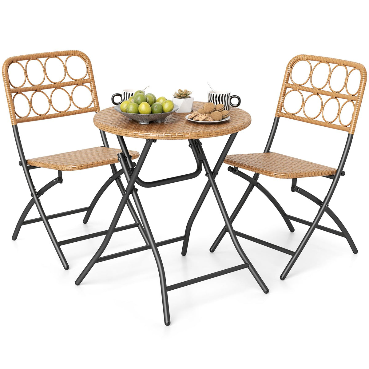 Tangkula 3 Piece Outdoor Folding Bistro Set, PE Rattan Portable Patio Round Dining Table and 2 Chairs with Sturdy Metal Frame for Porch, Garden, Backyard, Balcony