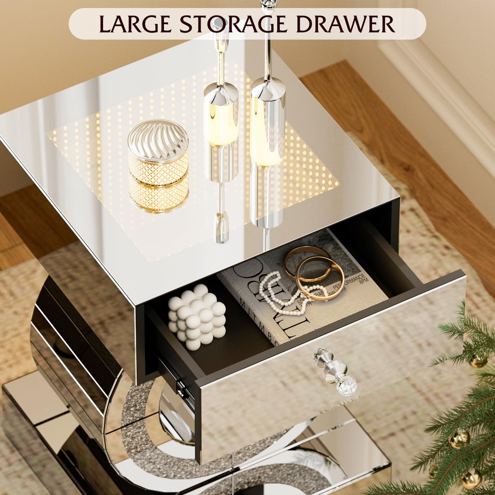 IKIFLY Mirrored End Table with LED Light, Mirrored Accent Nightstand with Drawer, Silver Crushed Diamond Side Table with O-Shaped Base for Living Room, Bedroom and Office (Remote Control Included)