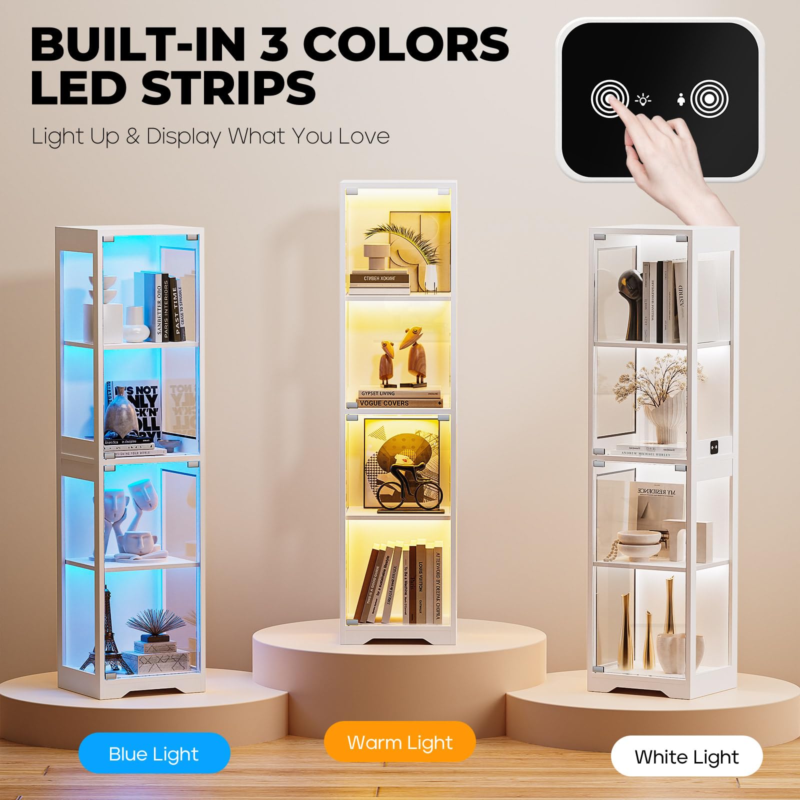 63" Glass Display Cabinet with 3-Color LED Lights