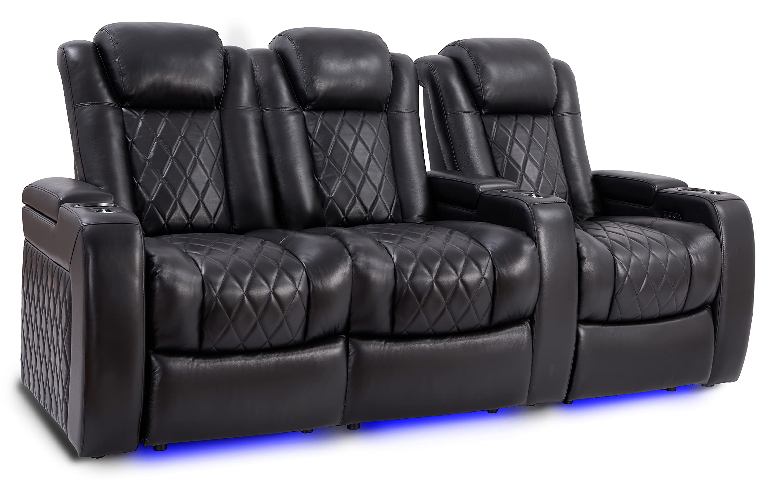 Valencia Tuscany Slim Home Theater Seating | Premium Top Grain Italian Nappa 11000 Leather, Power Reclining, Lumbar Support, Headrest, LED Lighting (Row of 3 Loveseat Left, Black)