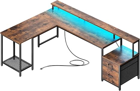 L-Shaped Gaming Desk with LED Lights & Storage