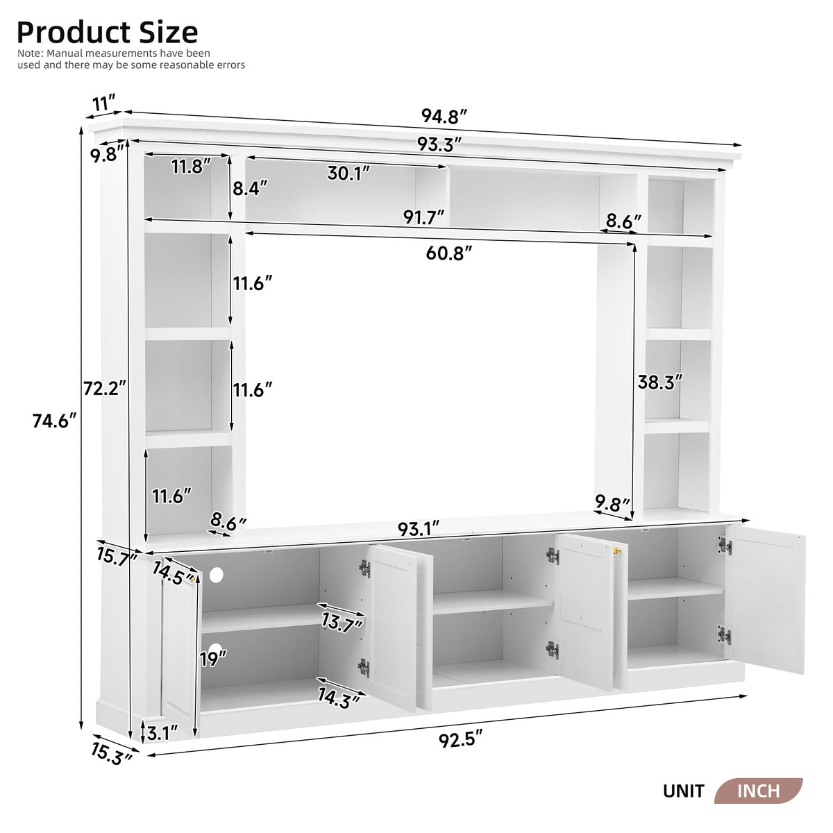 Marzzi 95" Wall Unit Entertainment Center for 65" TVs Large Media Console