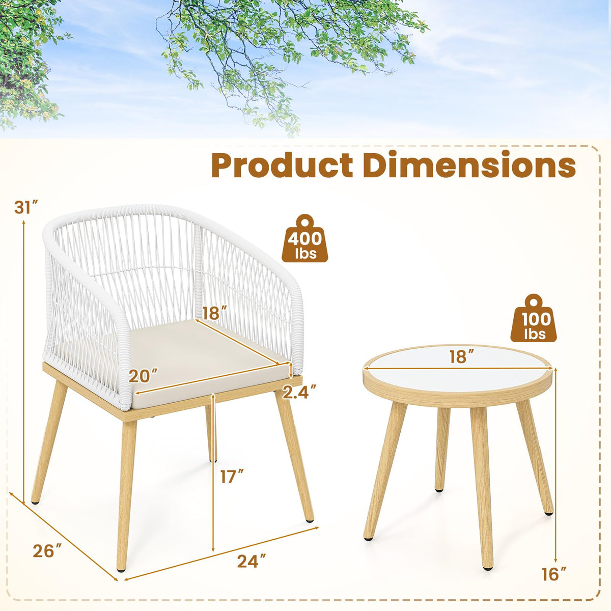 Tangkula 3 Pieces Patio Bistro Set, Outdoor PE Wicker Conversation Furniture Set with Cushions, Tempered Glass Coffee Table and Galvanized Metal Frame, Outdoor Rattan Chair Set for Porch, Balcony