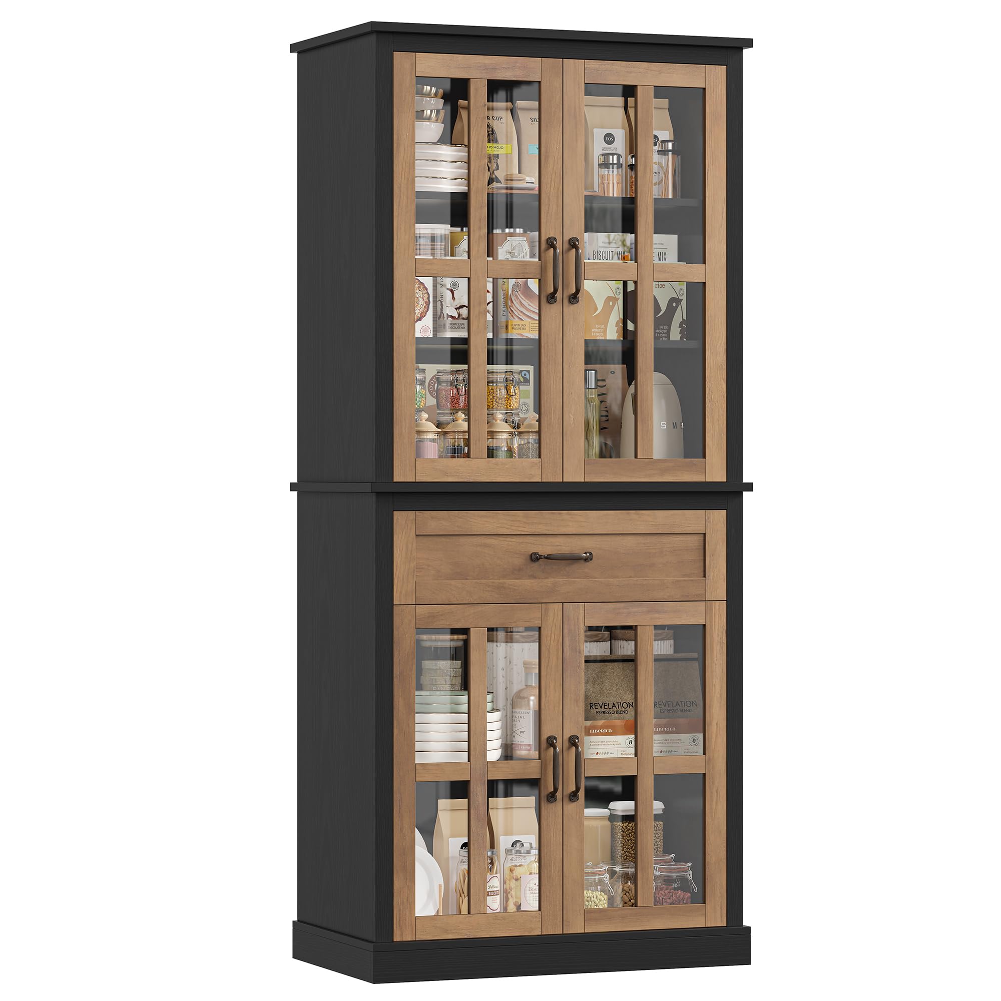 Tall Kitchen Pantry Cabinet with Glass Doors & Drawer