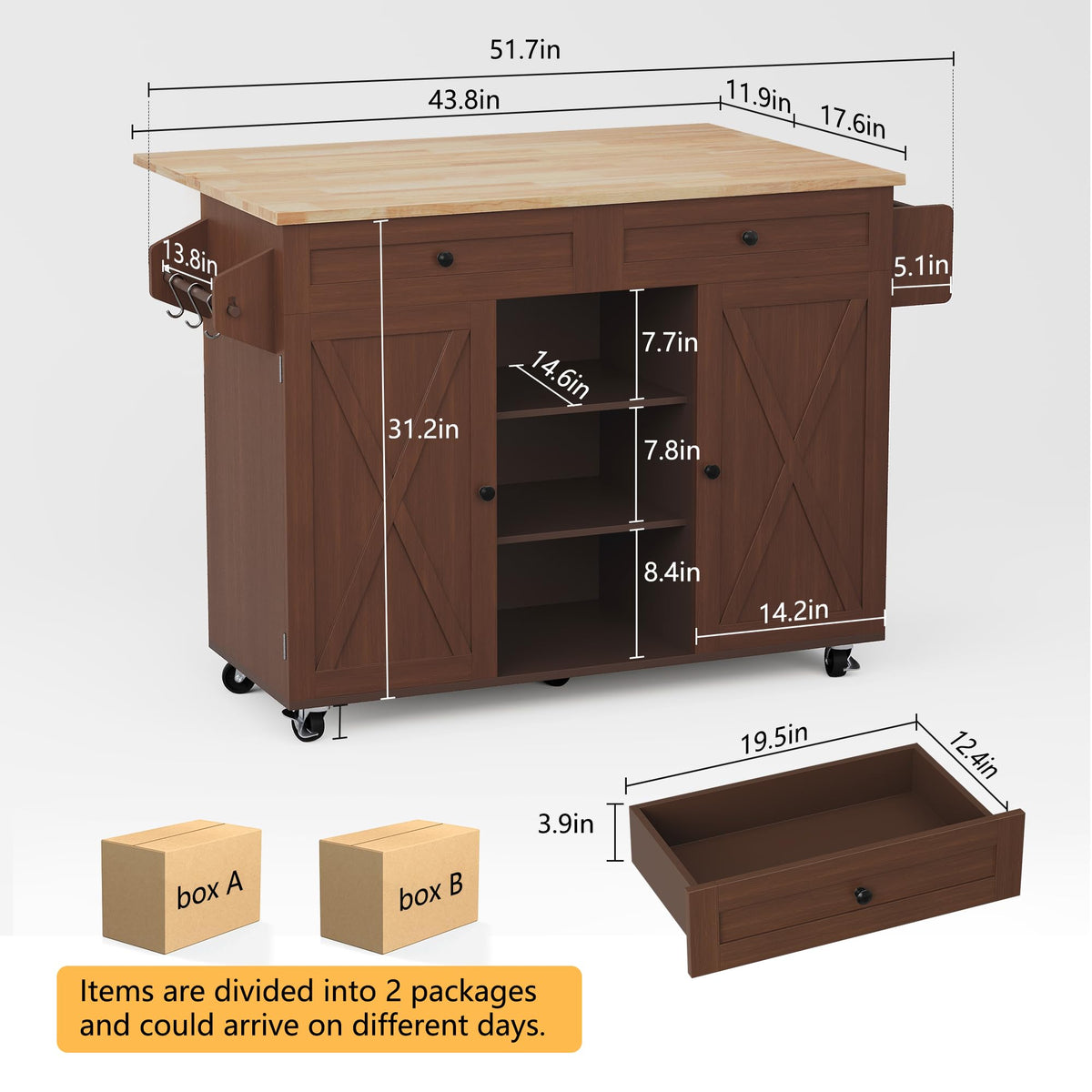 HLR Farmhouse Kitchen Island On Wheels, Brown