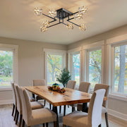 Modern Sputnik Crystal Semi Flush Mount Ceiling Light, 8-Light Black and Gold Crystal Ceiling Fixture for Dining Room, Living Room, Kitchen Island, Bedroom，Entryway