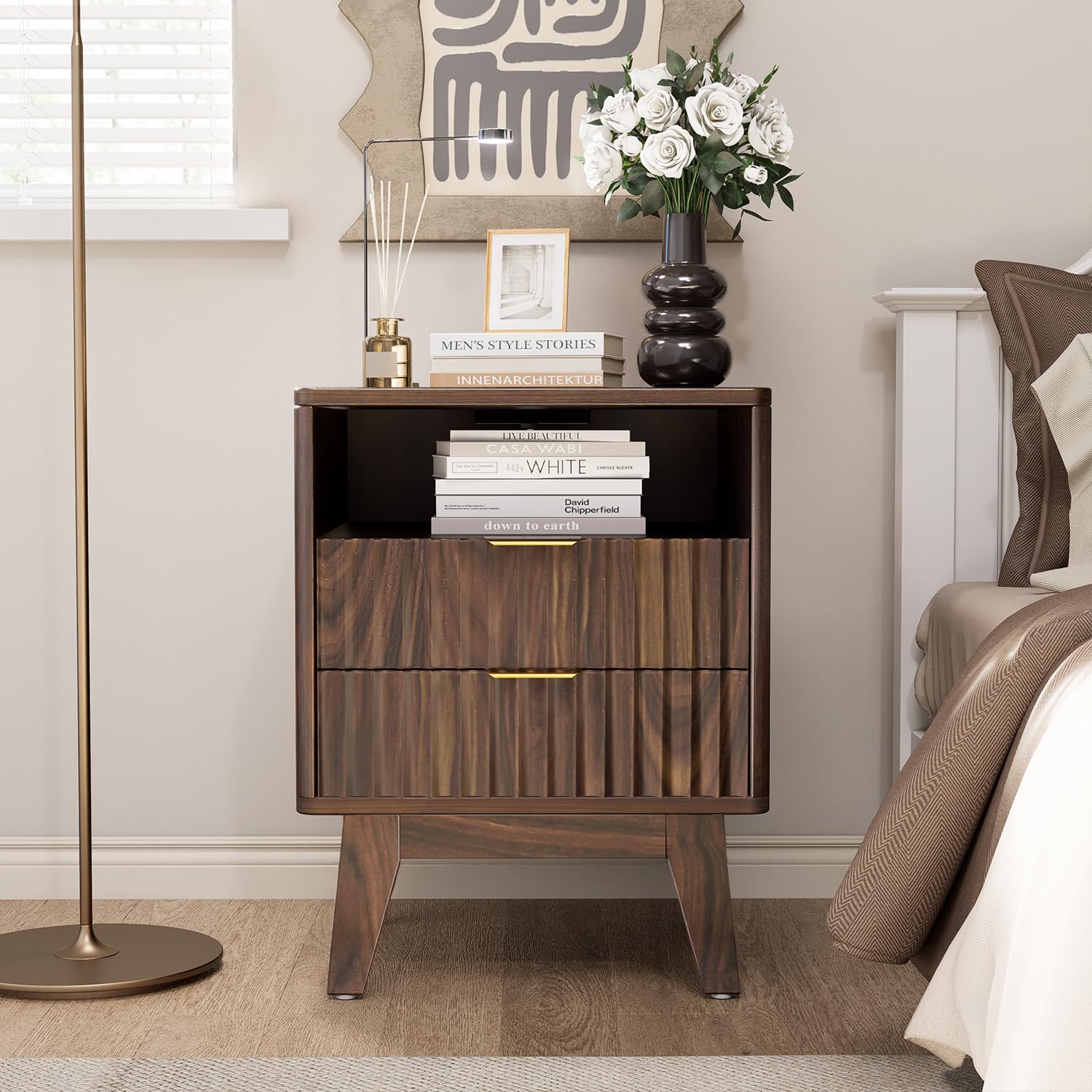 Fluted Nightstand with Charging Station, Modern Bedside Table with 2 Drawers, End Table with Open Storage for Bedroom, Living Room, Walnut