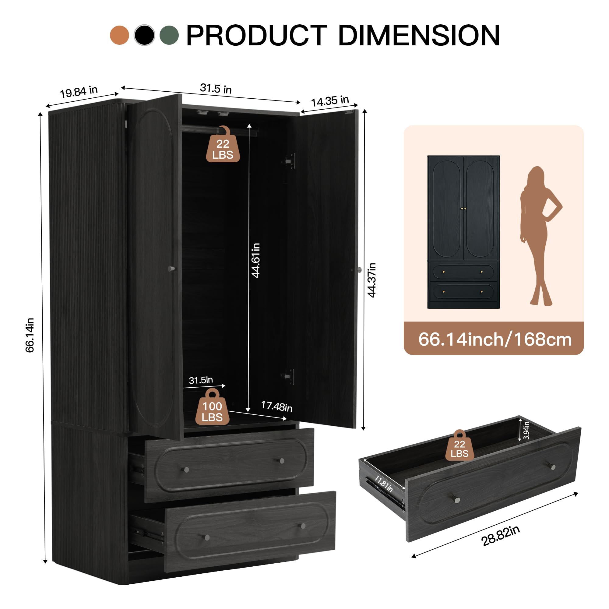 Fluted Freestanding Armoire Wardrobe Closet with 2 Doors and 2 Storage Drawers, Large Capacity Wardrobe Cabinet Set of 2, Wooden Closet for Bedroom, Living Room - Black