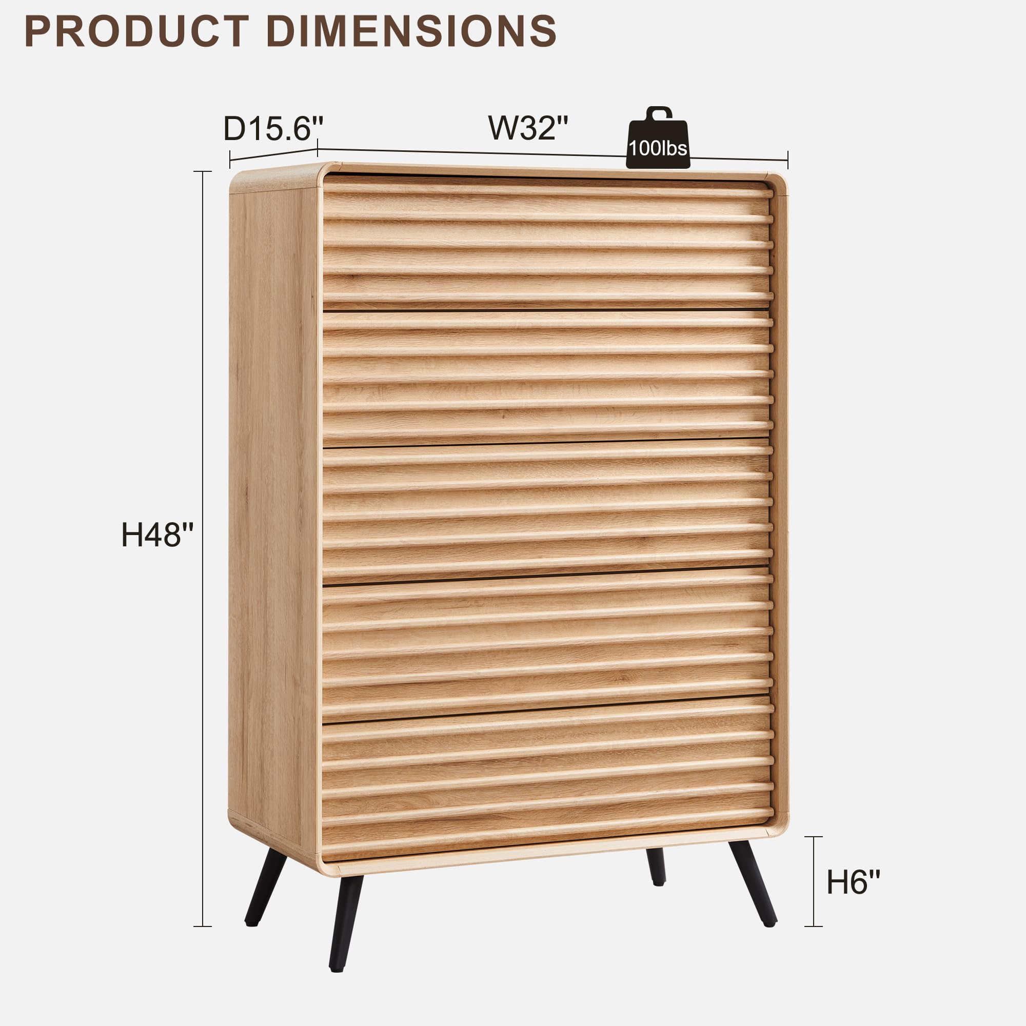RedLemon 48'' Tall 5 Drawers Dresser for Bedroom, Mid Century Modern Wood Fluted Dresser, Chest of Drawers with Smooth Rounded Corner & Tapered Leg for Bedroom, Living Room, Oak