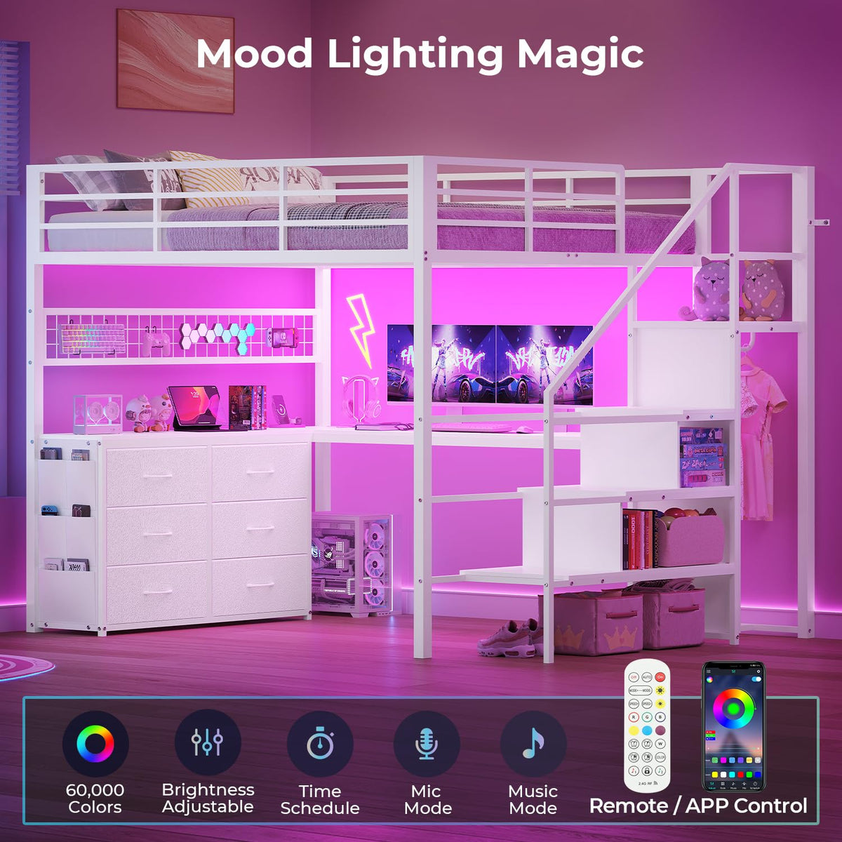 ADORNEVE Full Size Loft Bed with L Desk and Storage Stairs, White