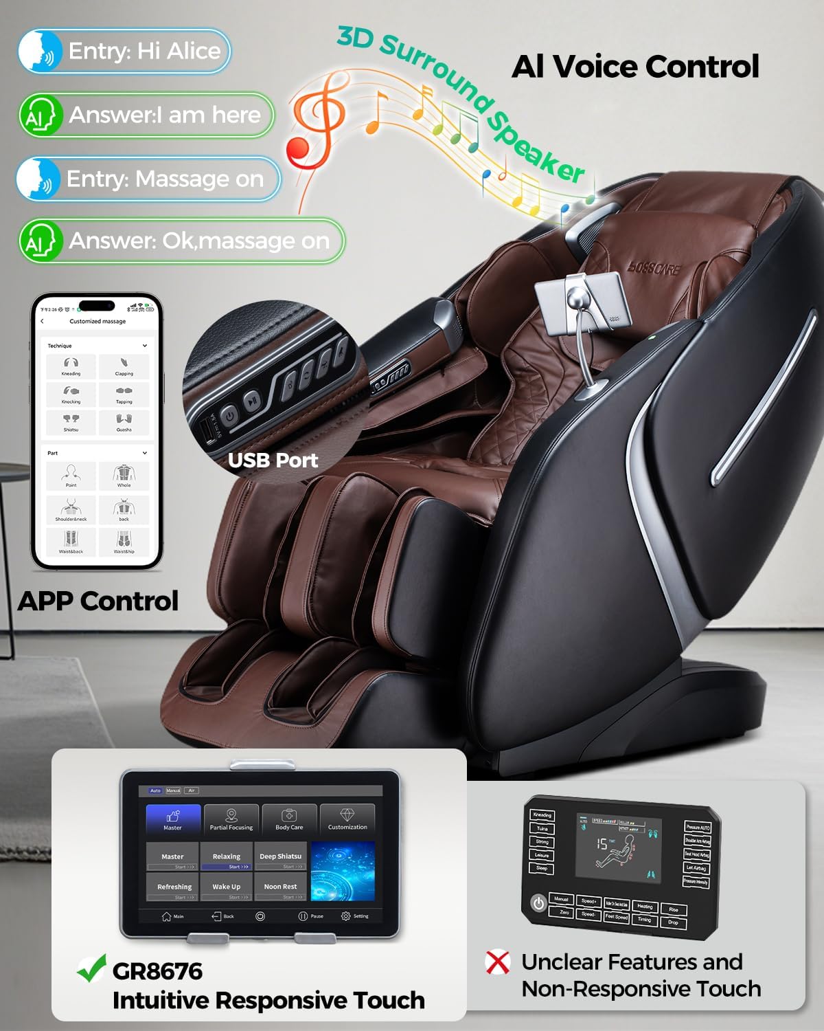 BOSSCARE20264DMassageChairFullBody,ZeroGravity57“SL-TrackRecliner